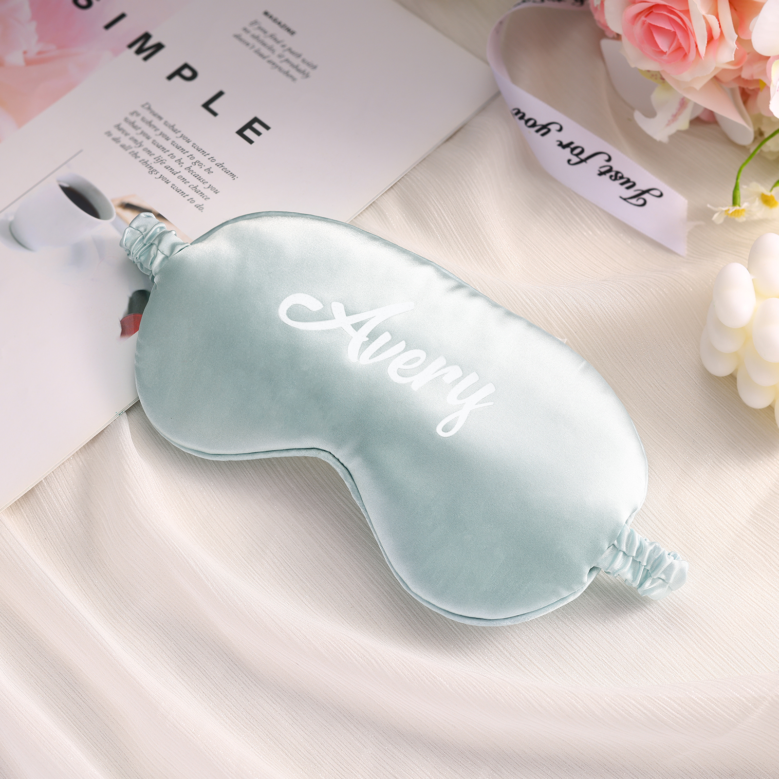 Personalized Light Pink Silk Sleep Mask Elegant Custom Name Eye Mask Six Color Gift for Her