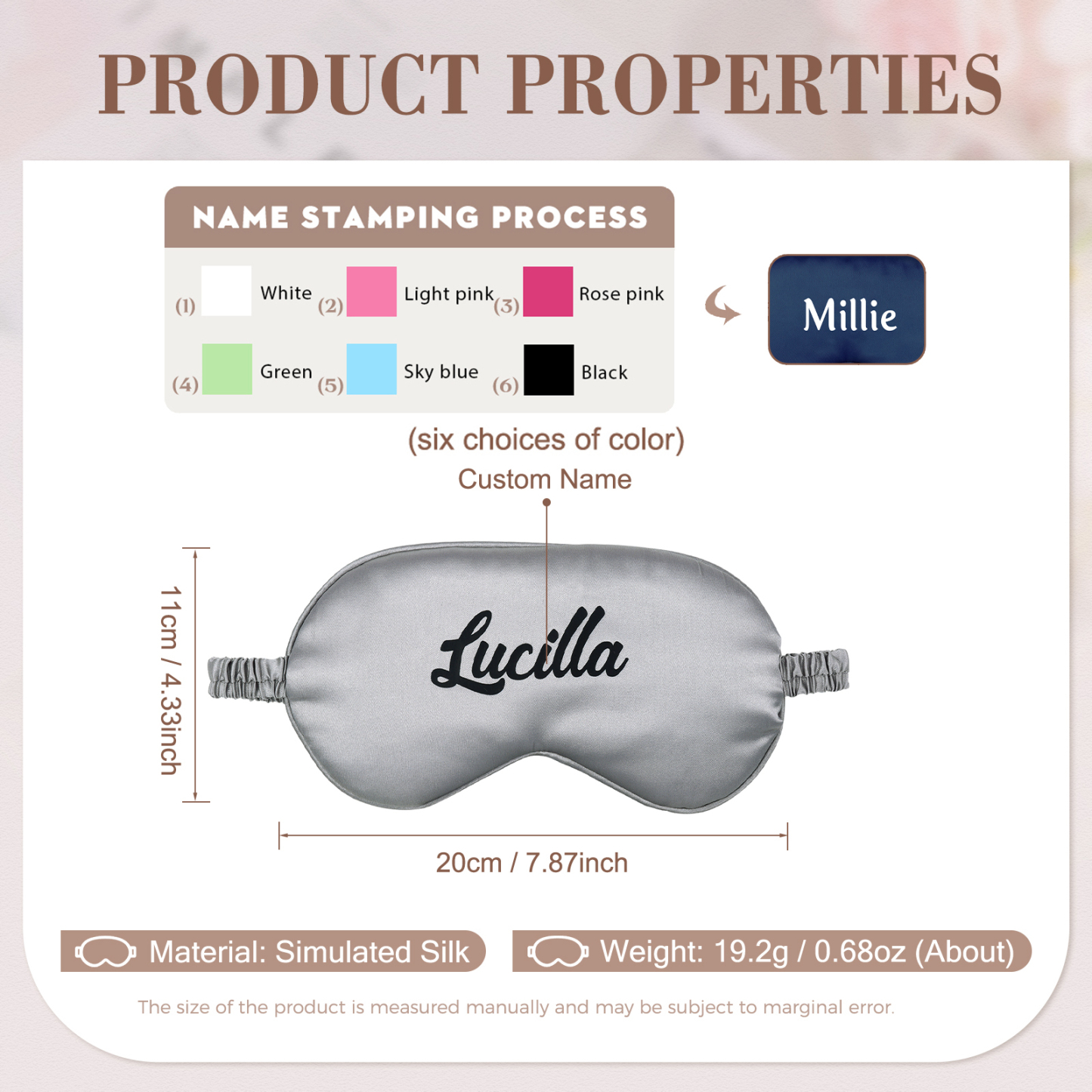 Personalized Light Pink Silk Sleep Mask Elegant Custom Name Eye Mask Six Color Gift for Her