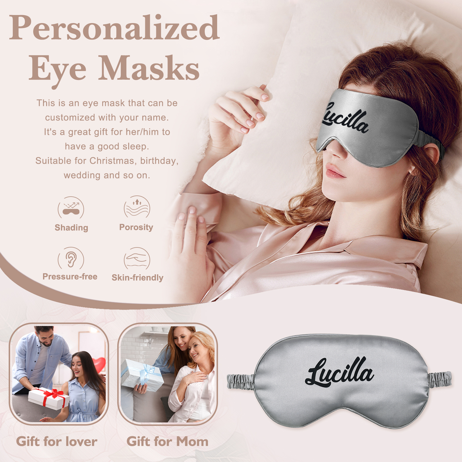 Personalized Light Pink Silk Sleep Mask Elegant Custom Name Eye Mask Six Color Gift for Her