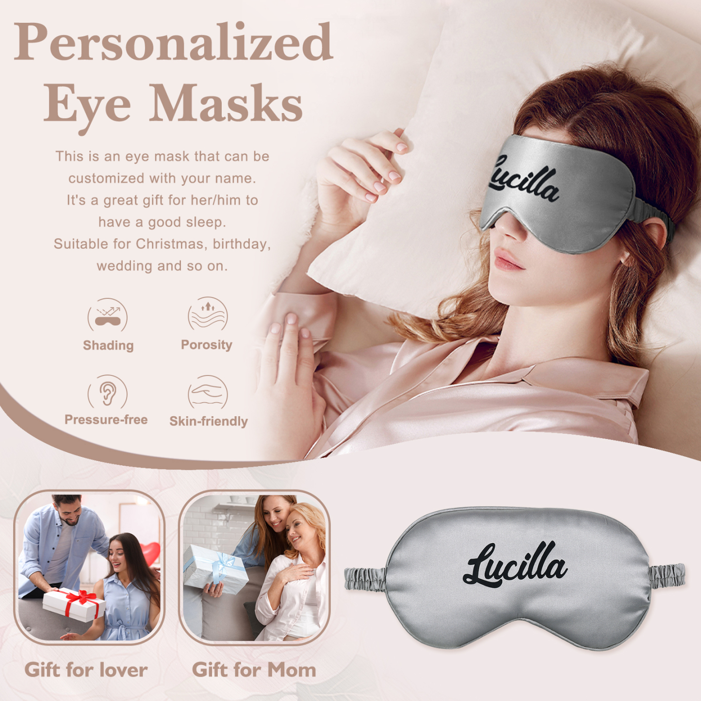Personalized Light Pink Silk Sleep Mask Elegant Custom Name Eye Mask Six Color Gift for Her