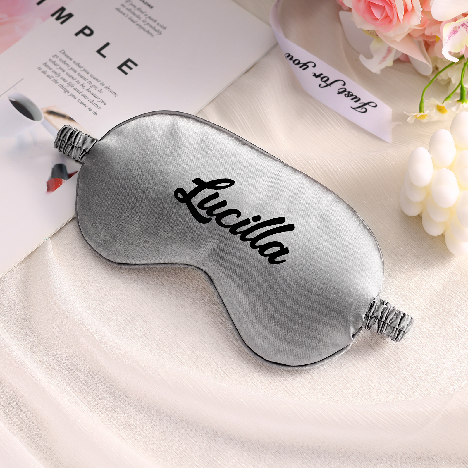 Personalized Light Pink Silk Sleep Mask Elegant Custom Name Eye Mask Six Color Gift for Her