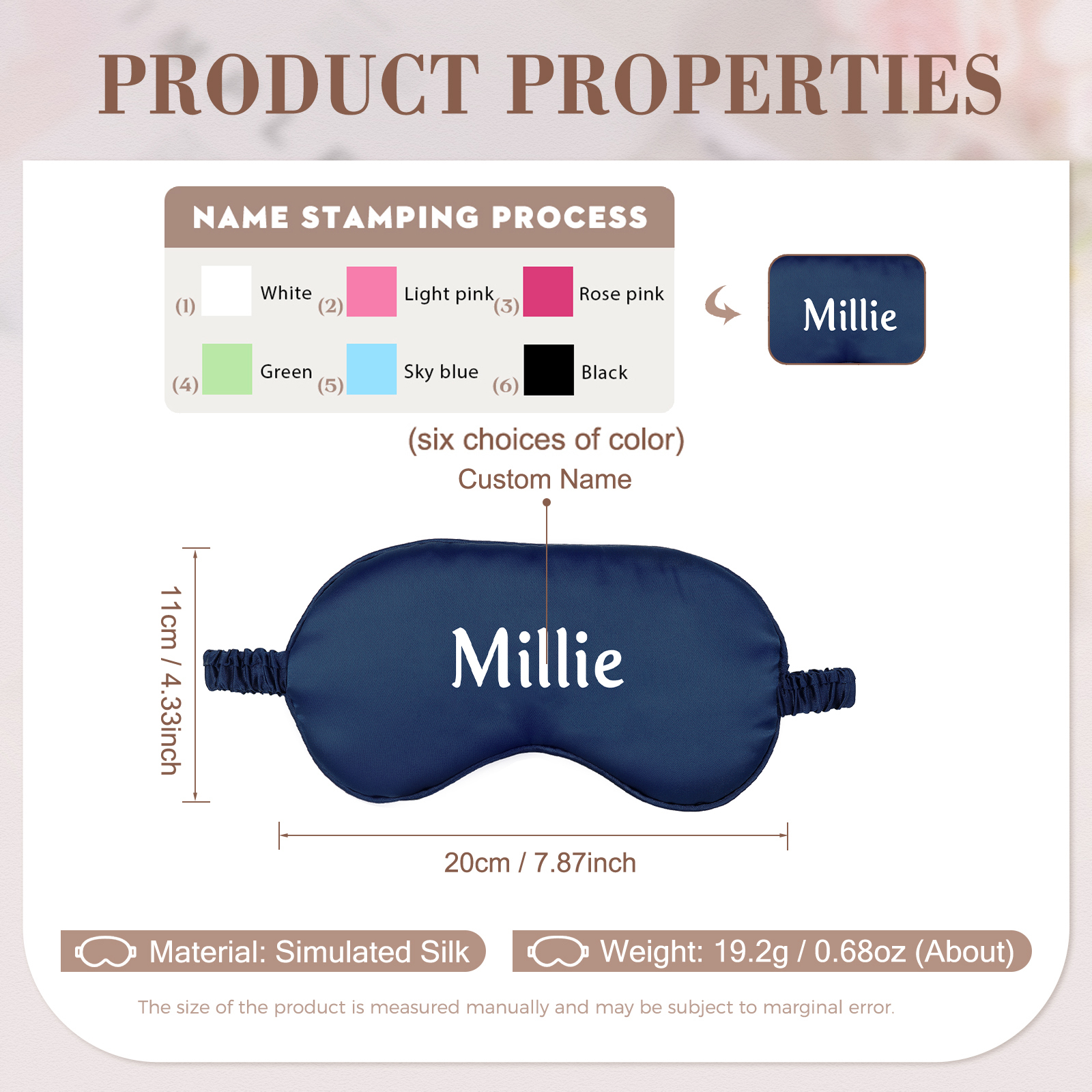 Personalized Light Pink Silk Sleep Mask Elegant Custom Name Eye Mask Six Color Gift for Her