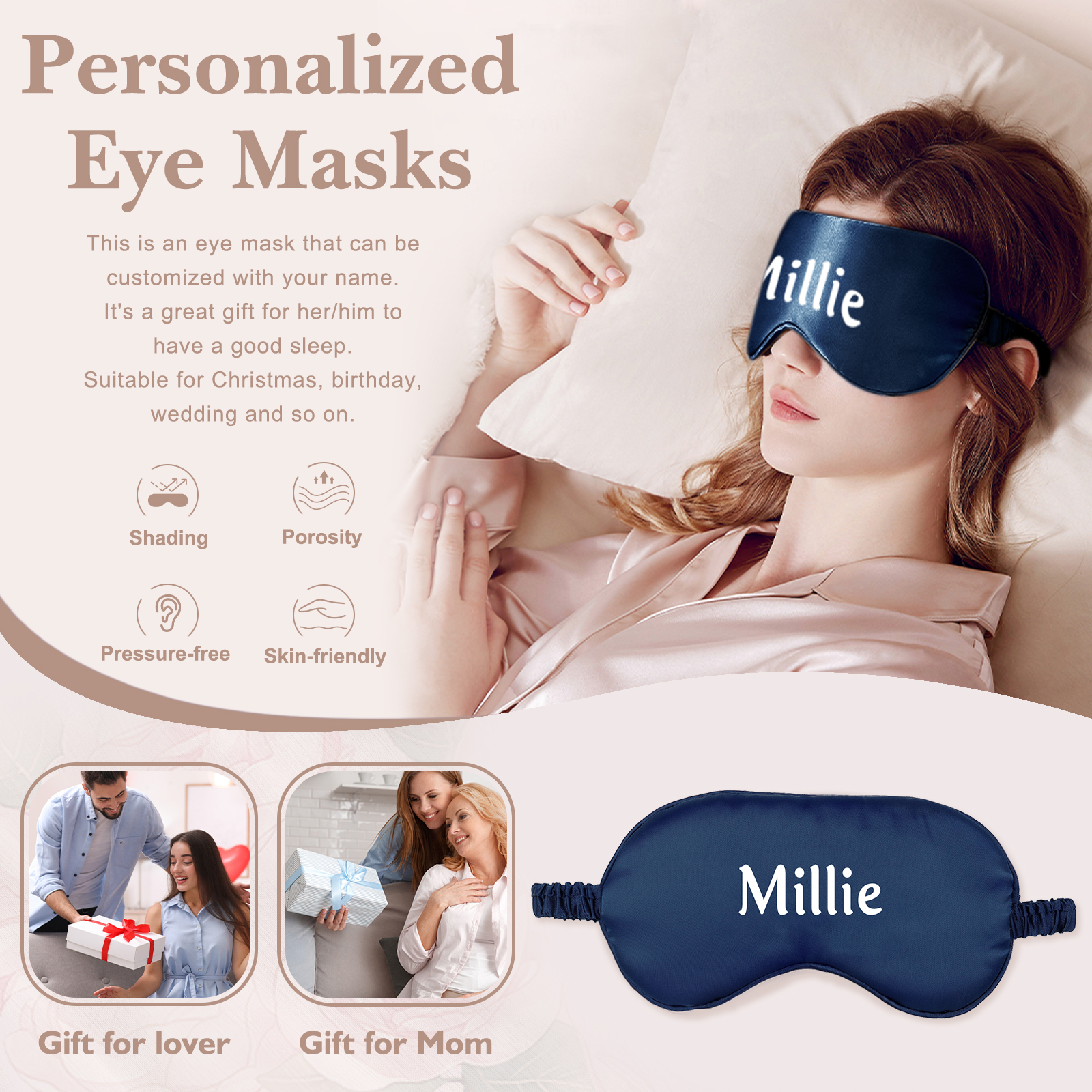 Personalized Light Pink Silk Sleep Mask Elegant Custom Name Eye Mask Six Color Gift for Her