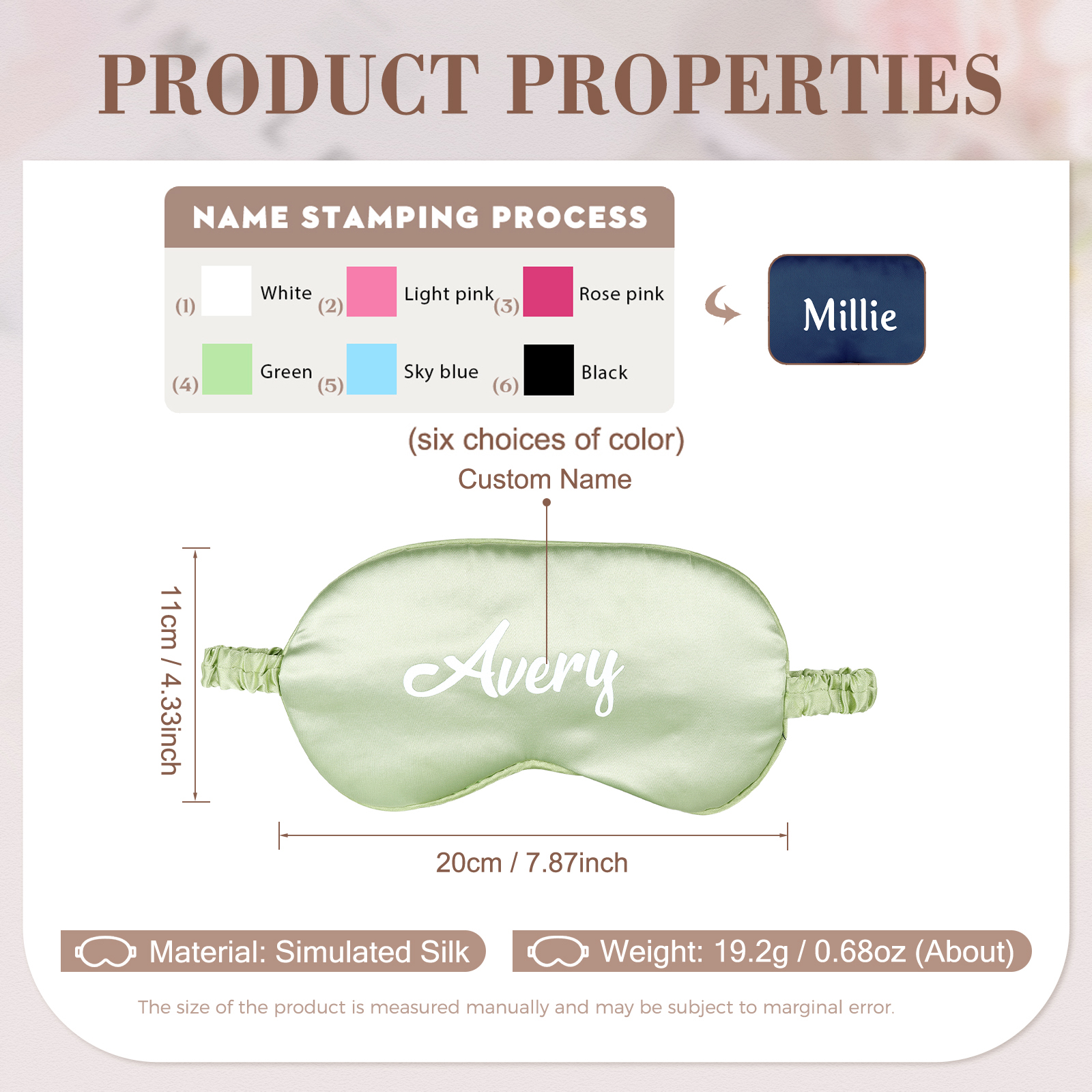 Personalized Light Pink Silk Sleep Mask Elegant Custom Name Eye Mask Six Color Gift for Her