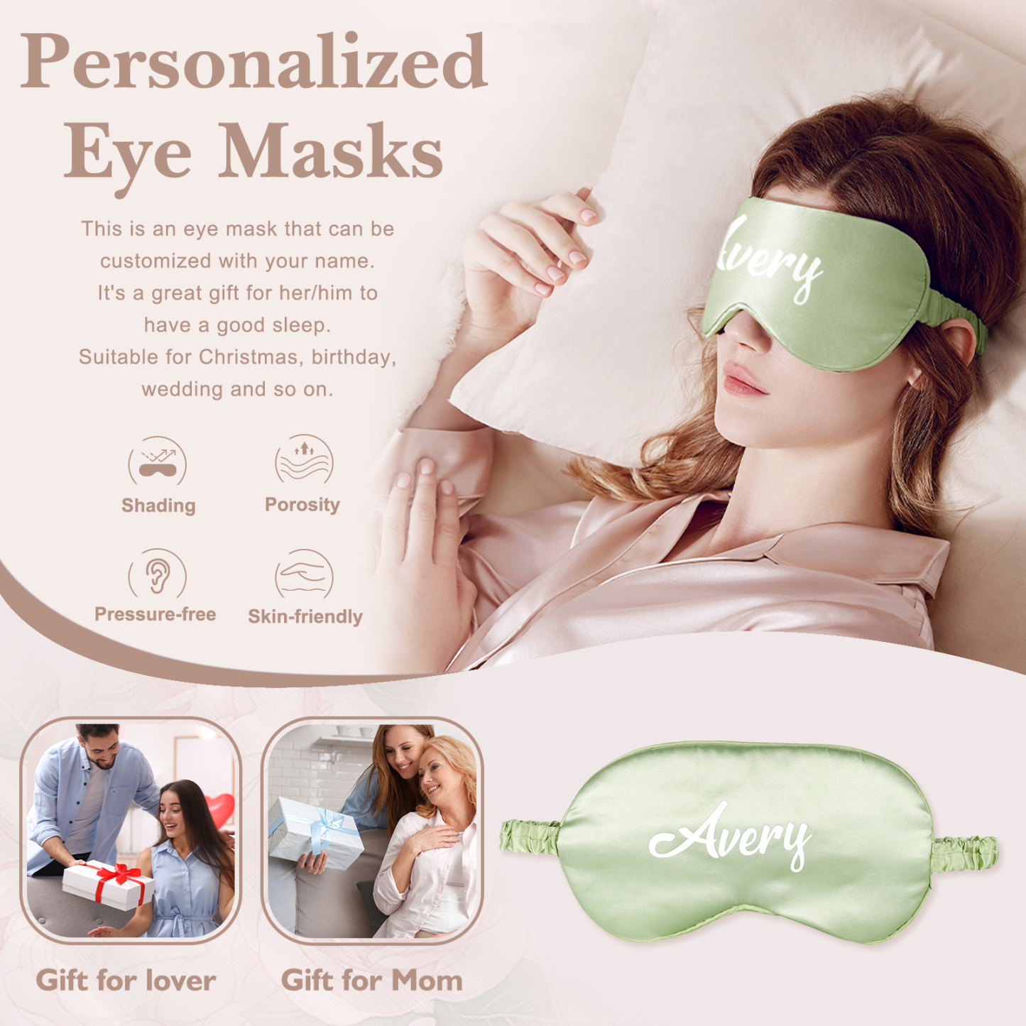Personalized Light Pink Silk Sleep Mask Elegant Custom Name Eye Mask Six Color Gift for Her