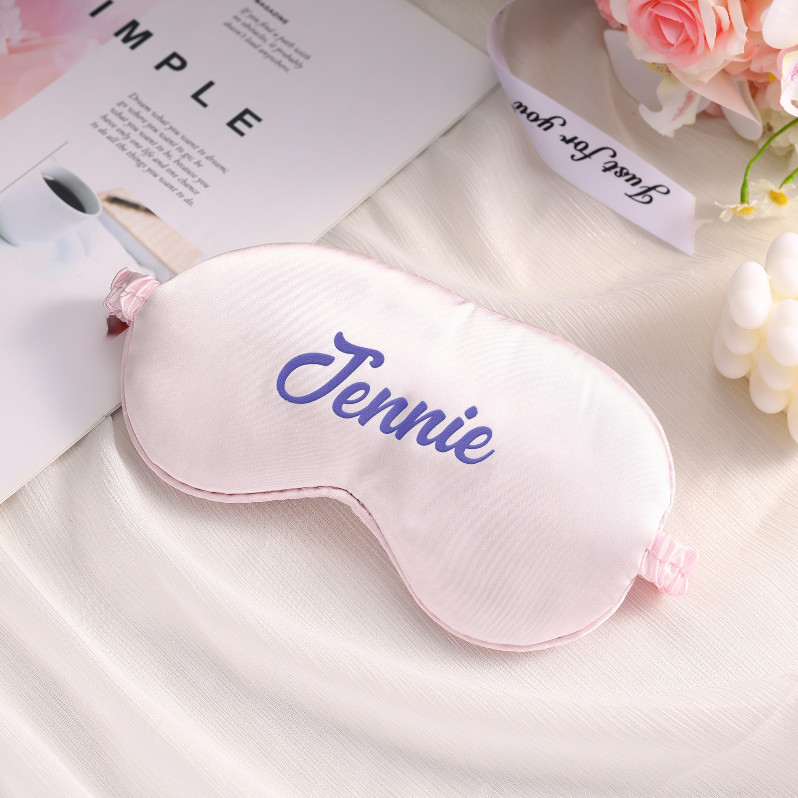 Personalized Light Pink Silk Sleep Mask Elegant Custom Name Eye Mask Six Color Gift for Her