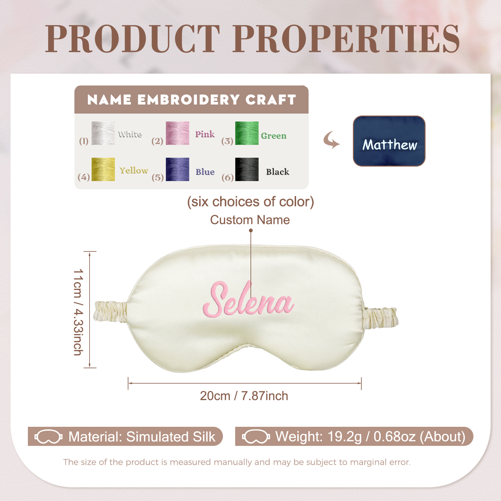 Personalized Light Pink Silk Sleep Mask Elegant Custom Name Eye Mask Six Color Gift for Her
