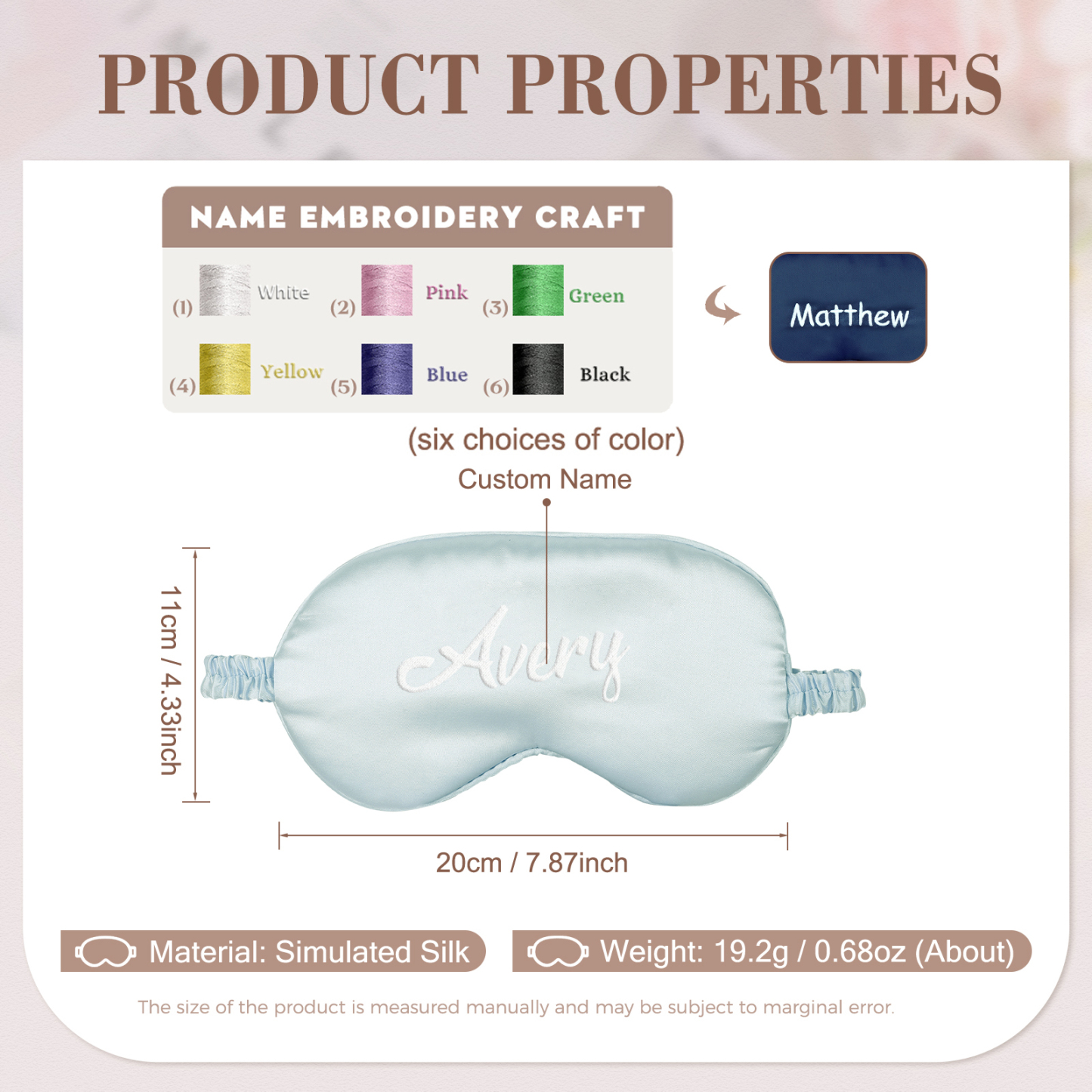 Personalized Light Pink Silk Sleep Mask Elegant Custom Name Eye Mask Six Color Gift for Her