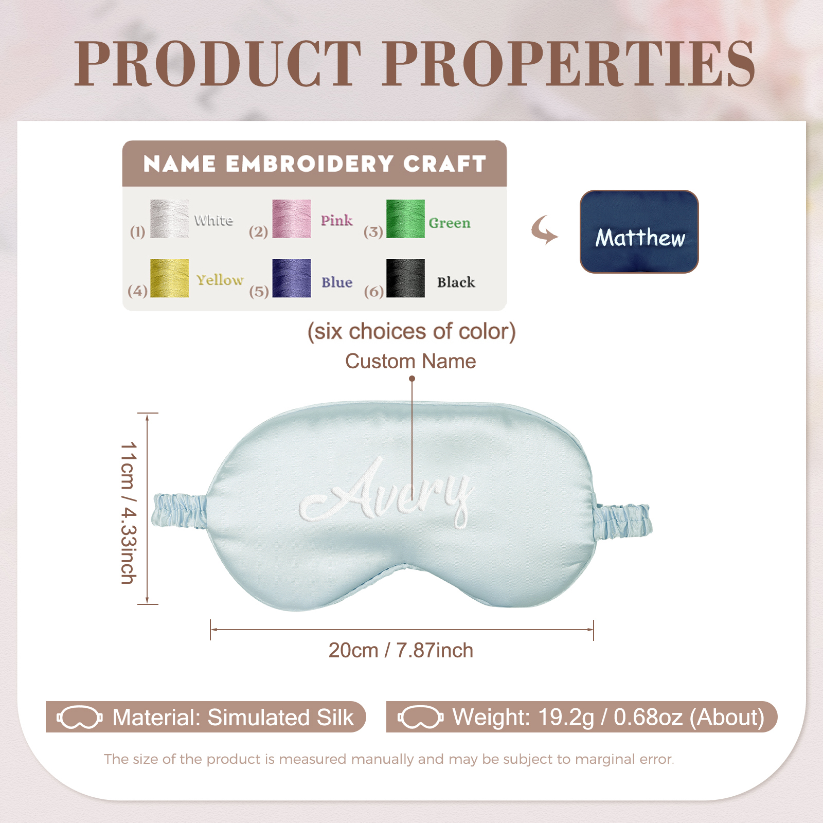 Personalized Light Pink Silk Sleep Mask Elegant Custom Name Eye Mask Six Color Gift for Her
