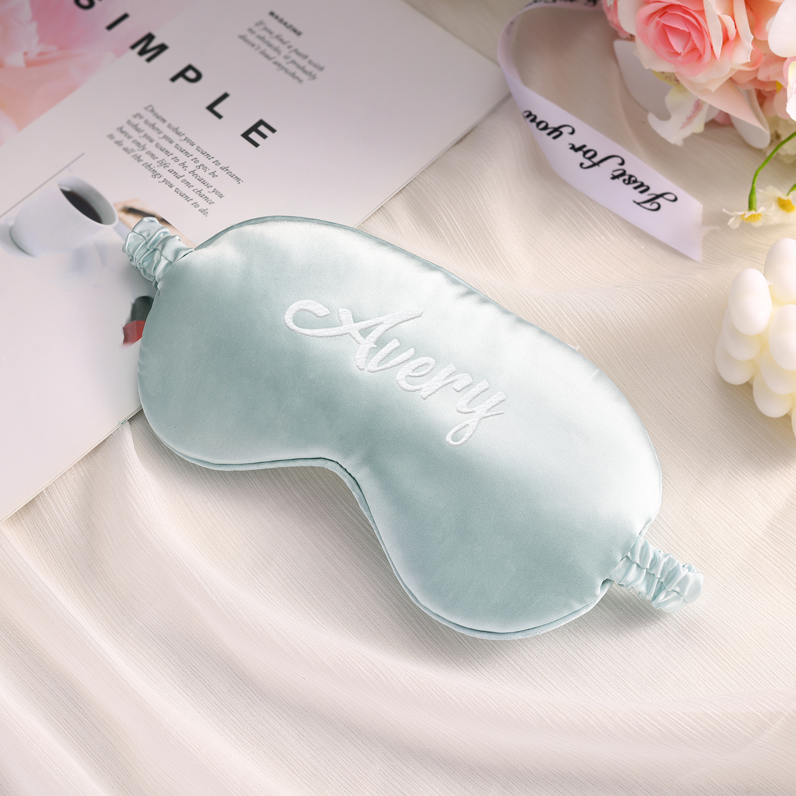 Personalized Light Pink Silk Sleep Mask Elegant Custom Name Eye Mask Six Color Gift for Her