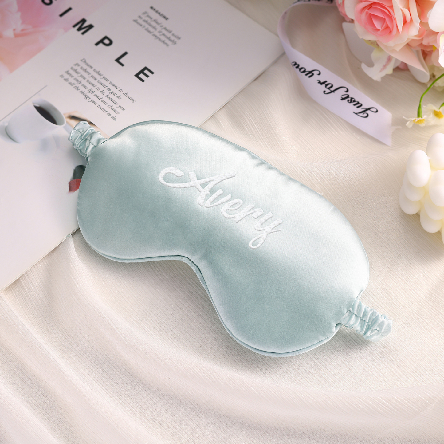 Personalized Light Pink Silk Sleep Mask Elegant Custom Name Eye Mask Six Color Gift for Her