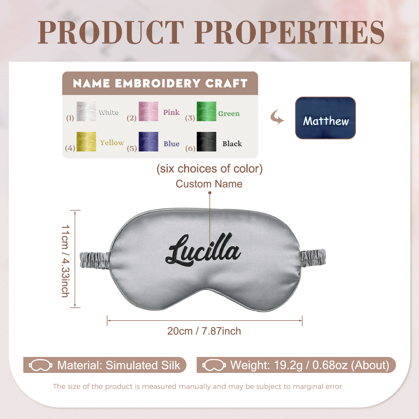 Personalized Light Pink Silk Sleep Mask Elegant Custom Name Eye Mask Six Color Gift for Her