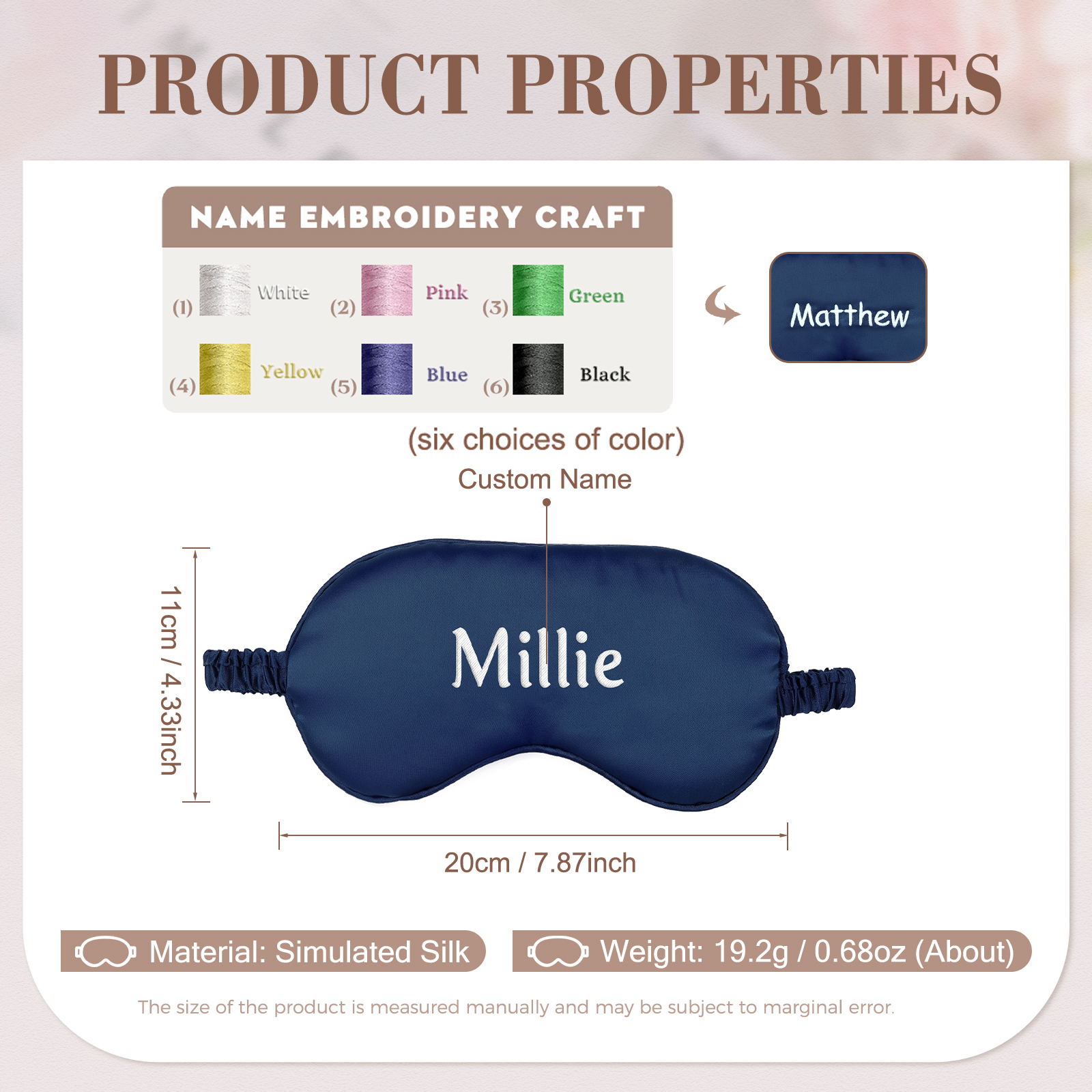 Personalized Light Pink Silk Sleep Mask Elegant Custom Name Eye Mask Six Color Gift for Her