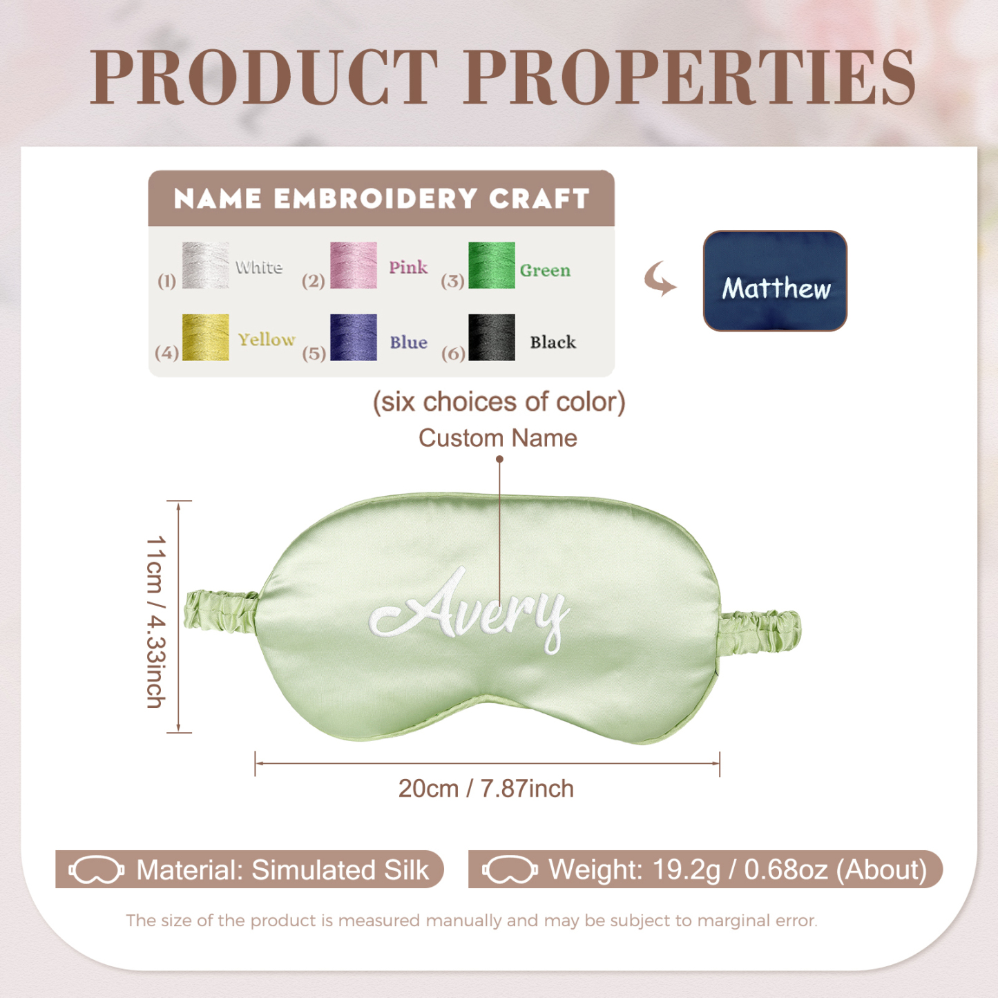 Personalized Light Pink Silk Sleep Mask Elegant Custom Name Eye Mask Six Color Gift for Her