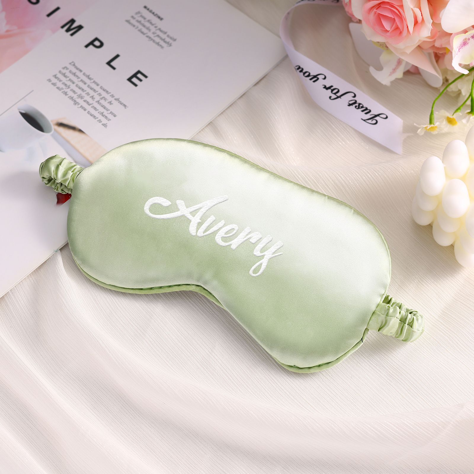 Personalized Light Pink Silk Sleep Mask Elegant Custom Name Eye Mask Six Color Gift for Her