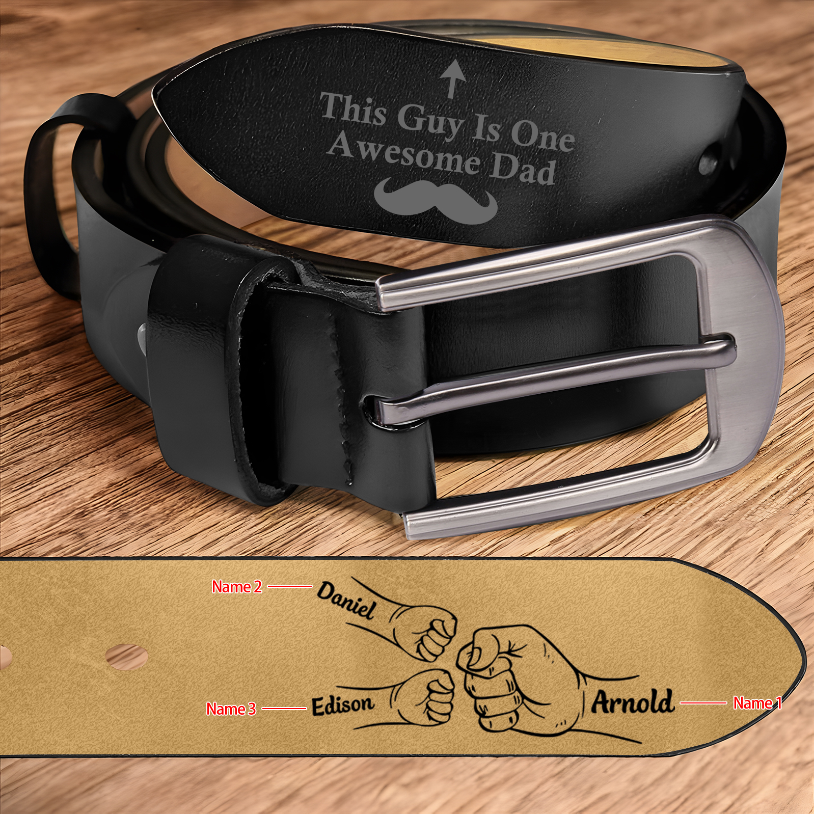 Personalised Leather Belt, Custom Engraved 3 Names Belt Gift for Dad | Jessemade