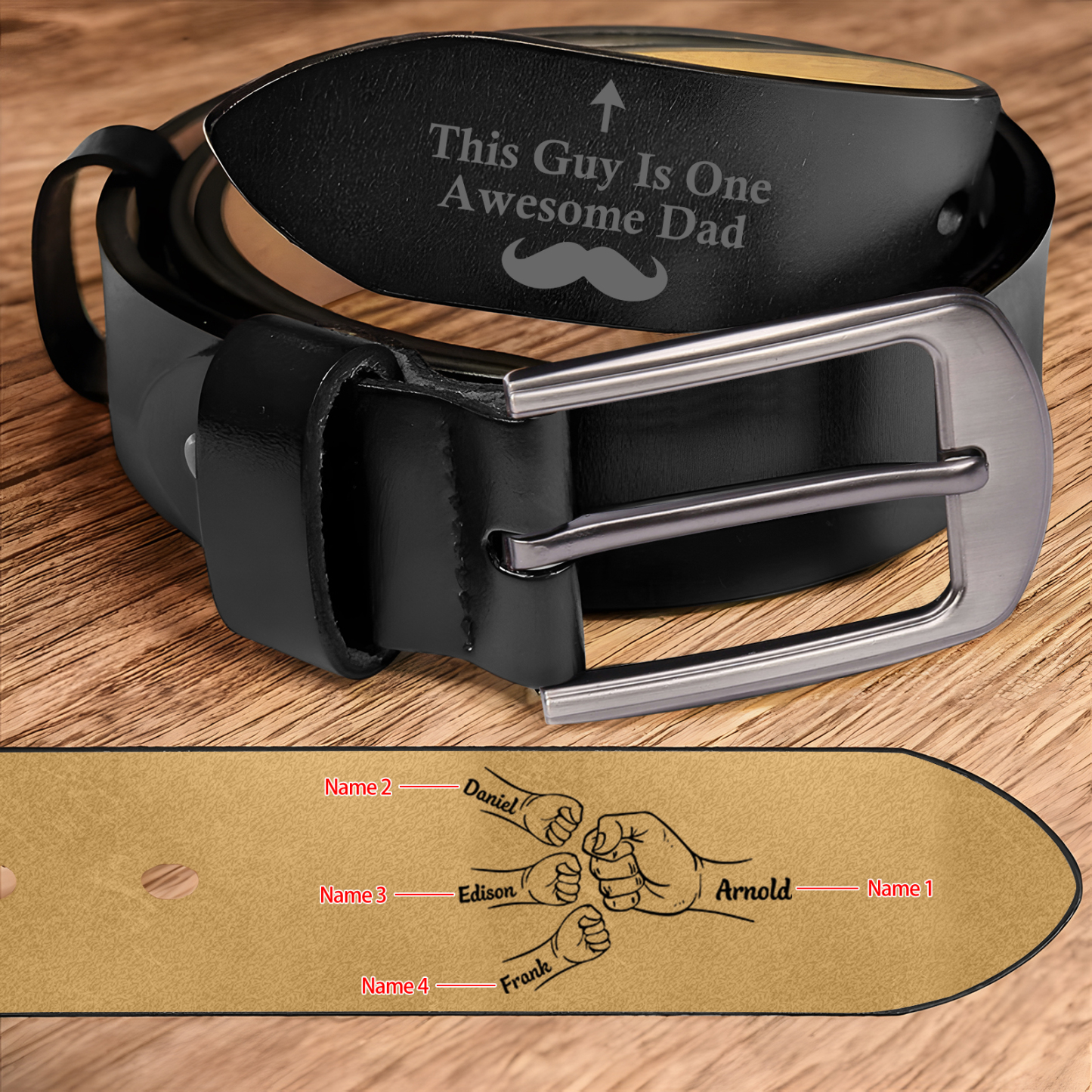Personalised Leather Belt, Custom Engraved 4 Names Belt Gift for Dad | Jessemade