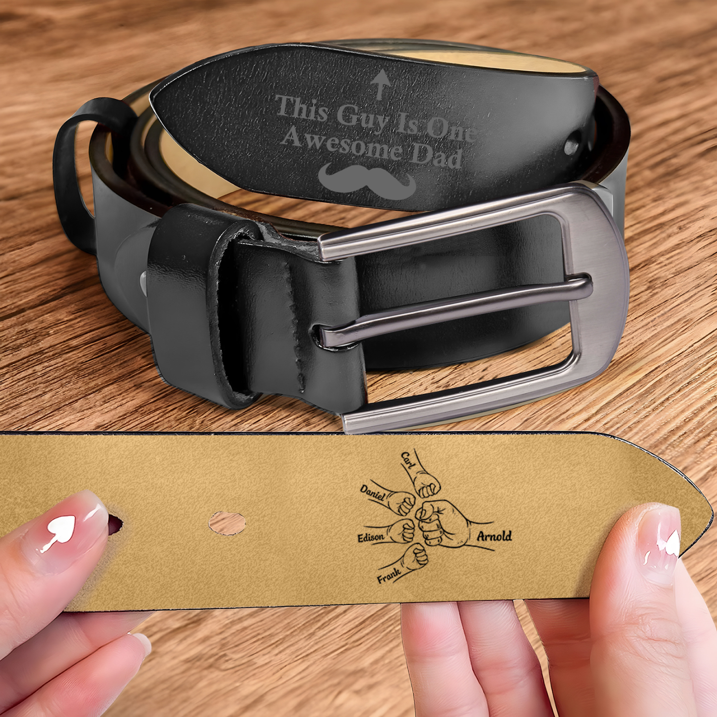 Personalised Leather Belt, Custom Engraved 5 Names Belt Gift for Dad | Jessemade