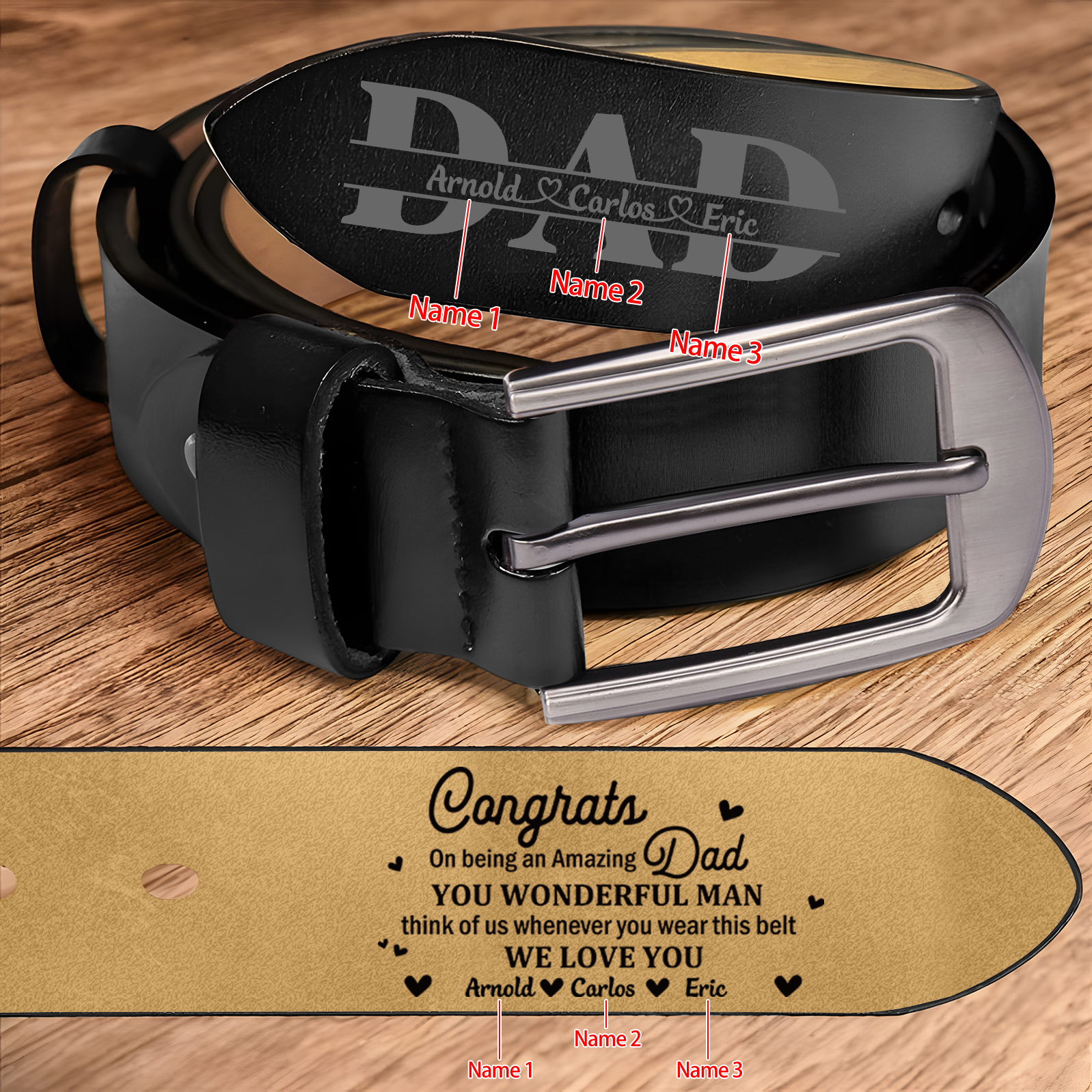Personalised 3 Names Leather Belt, Custom You Wonderful Man Belt Gift for Dad | Jessemade