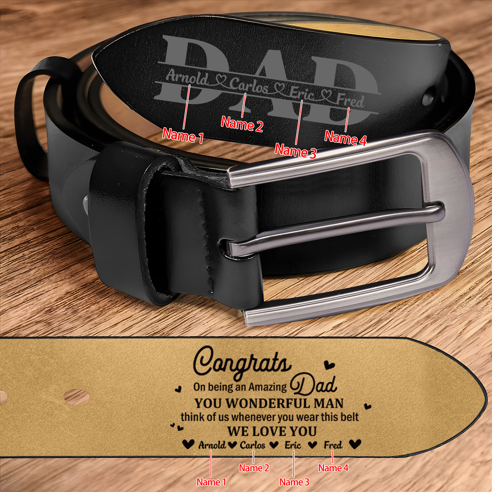 Personalised 4 Names Leather Belt, Custom You Wonderful Man Belt Gift for Dad | Jessemade