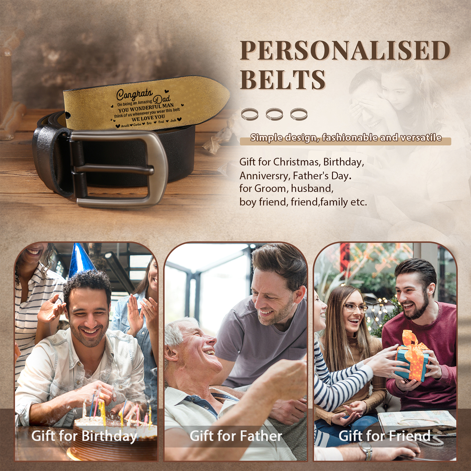 Personalised 5 Names Leather Belt, Custom You Wonderful Man Belt Gift for Dad | Jessemade