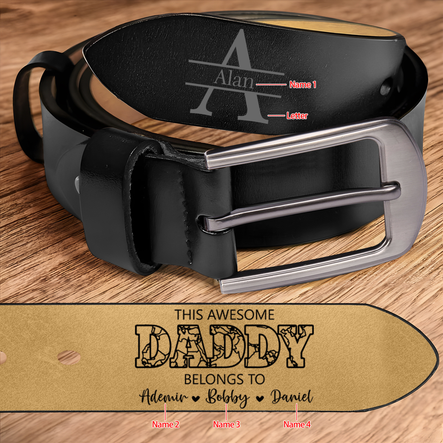 Personalized 4 Names & 1 Letter Leather Adjustable Belt – A Thoughtful Gift for Dad/Granddad | Lorajewel