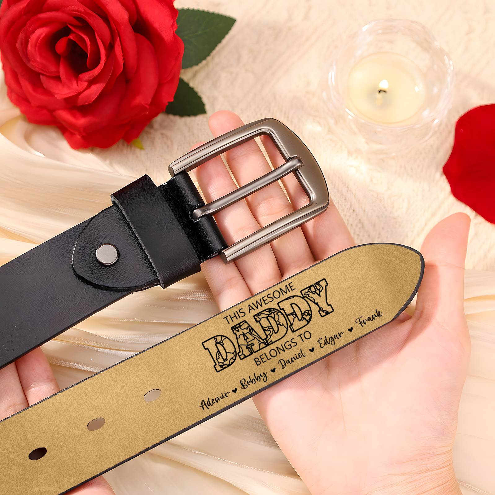 Personalized 6 Names & 1 Letter Leather Adjustable Belt – A Thoughtful Gift for Dad/Granddad | Lorajewel