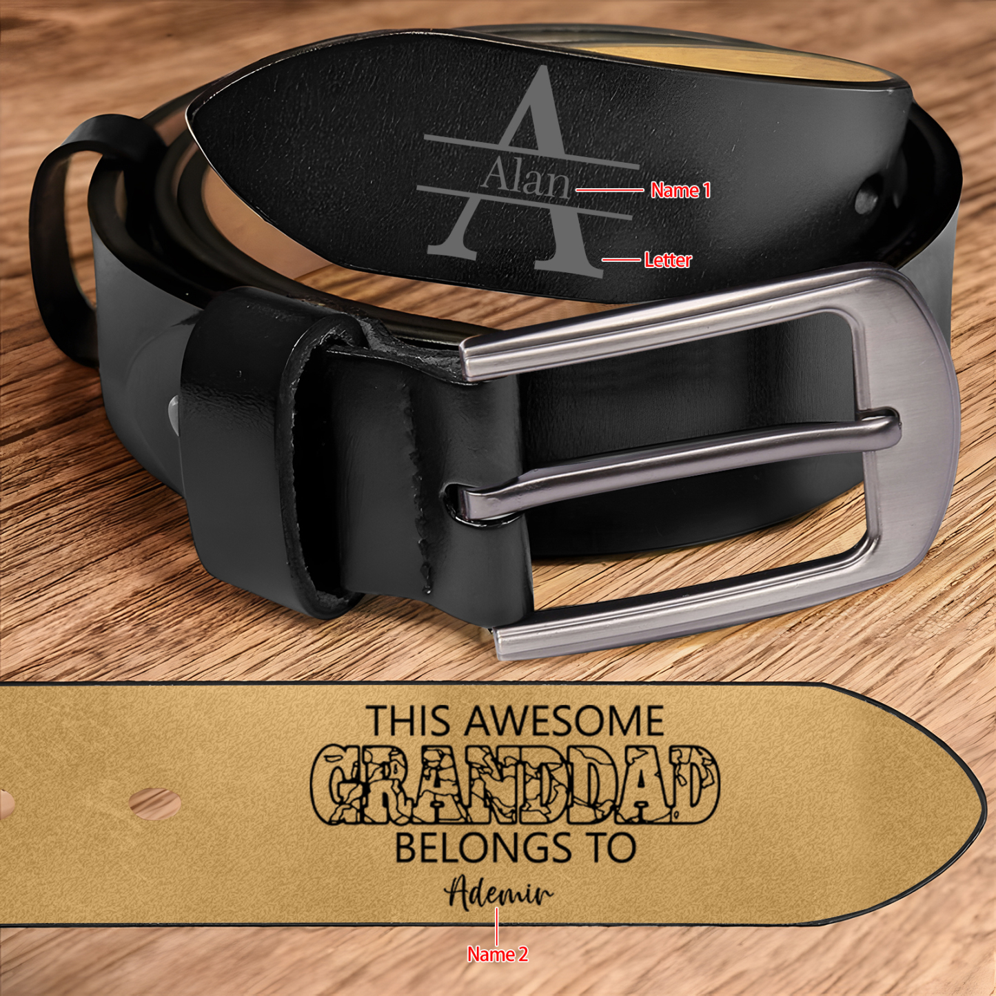 Personalized 2 Names & 1 Letter Leather Adjustable Belt – A Thoughtful Gift for Dad/Granddad | Lorajewel