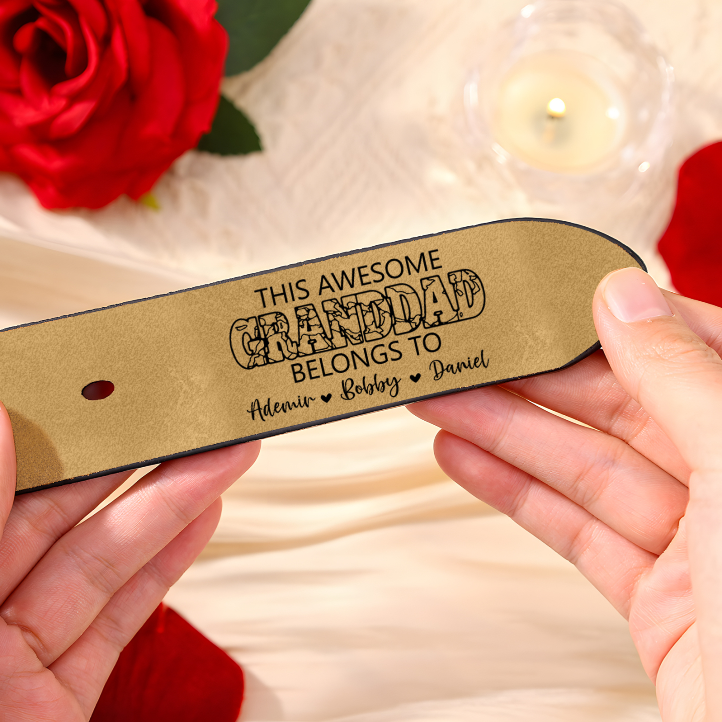 Personalized 4 Names & 1 Letter Leather Adjustable Belt – A Thoughtful Gift for Dad/Granddad | Lorajewel