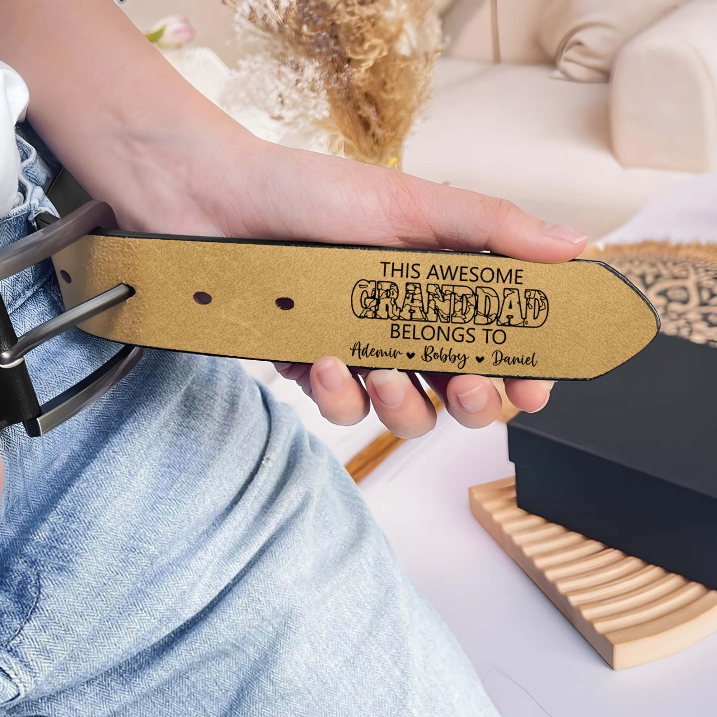 Personalized 4 Names & 1 Letter Leather Adjustable Belt – A Thoughtful Gift for Dad/Granddad | Lorajewel