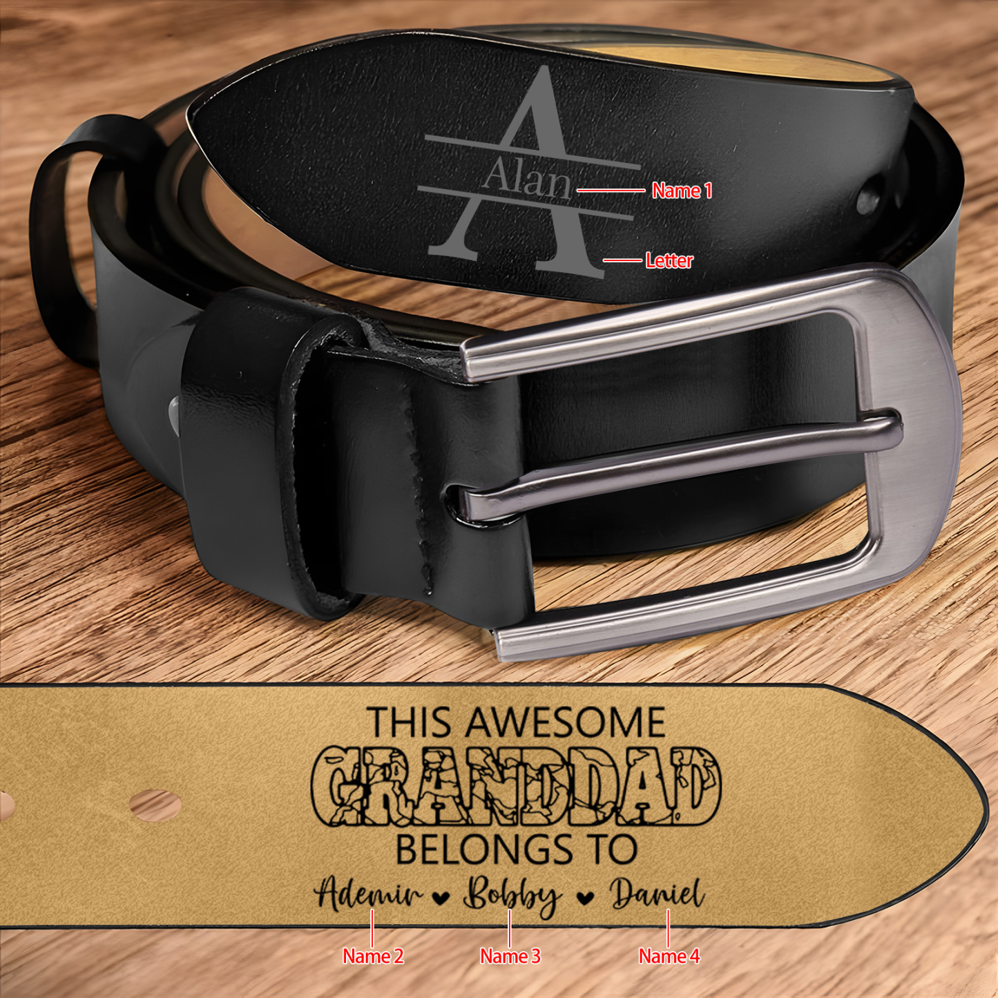 Personalized 4 Names & 1 Letter Leather Adjustable Belt – A Thoughtful Gift for Dad/Granddad | Lorajewel