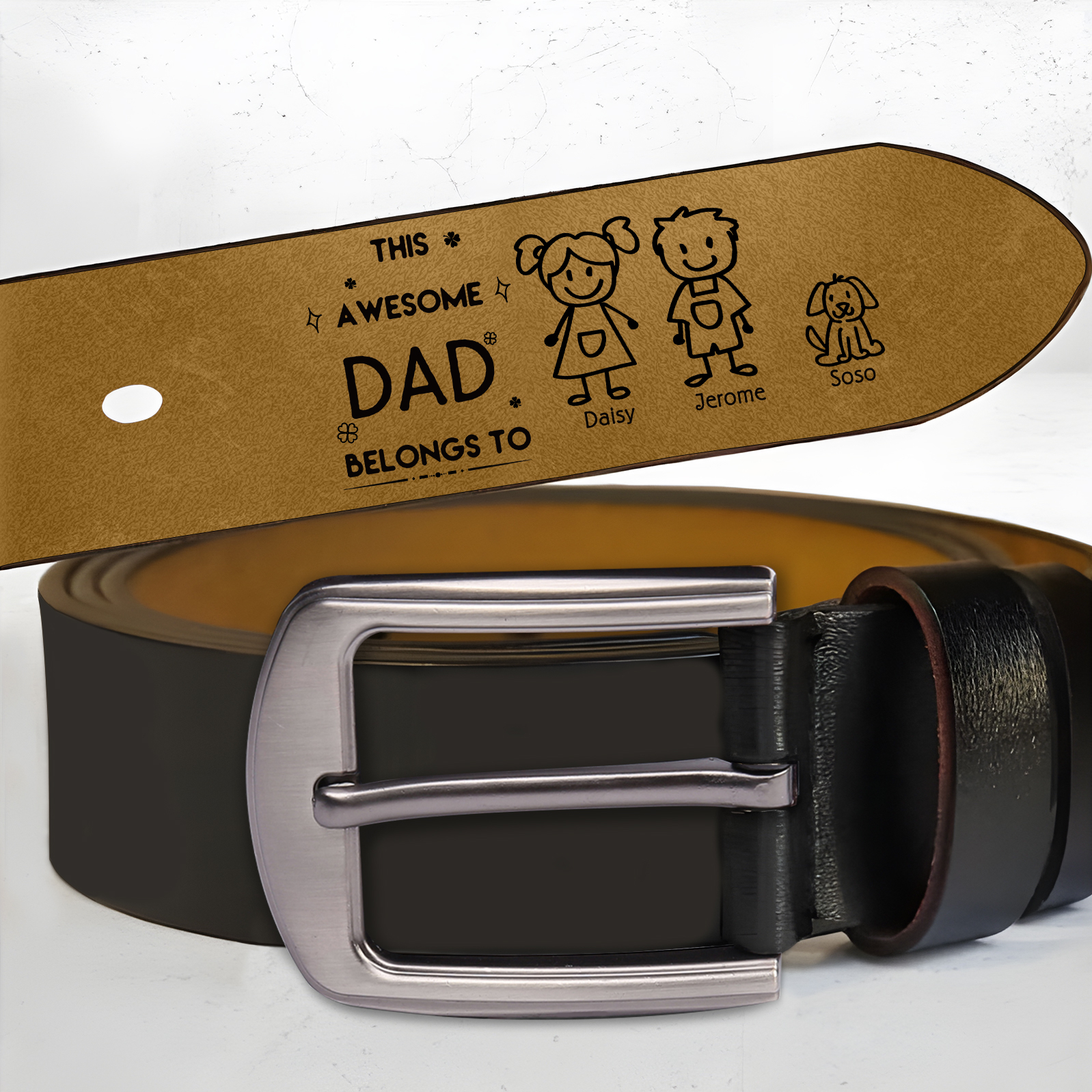 Personalized 3Names Leather Belt, Custom Adjustable Man Belt Gift for Dad/Granddad | Jessemade