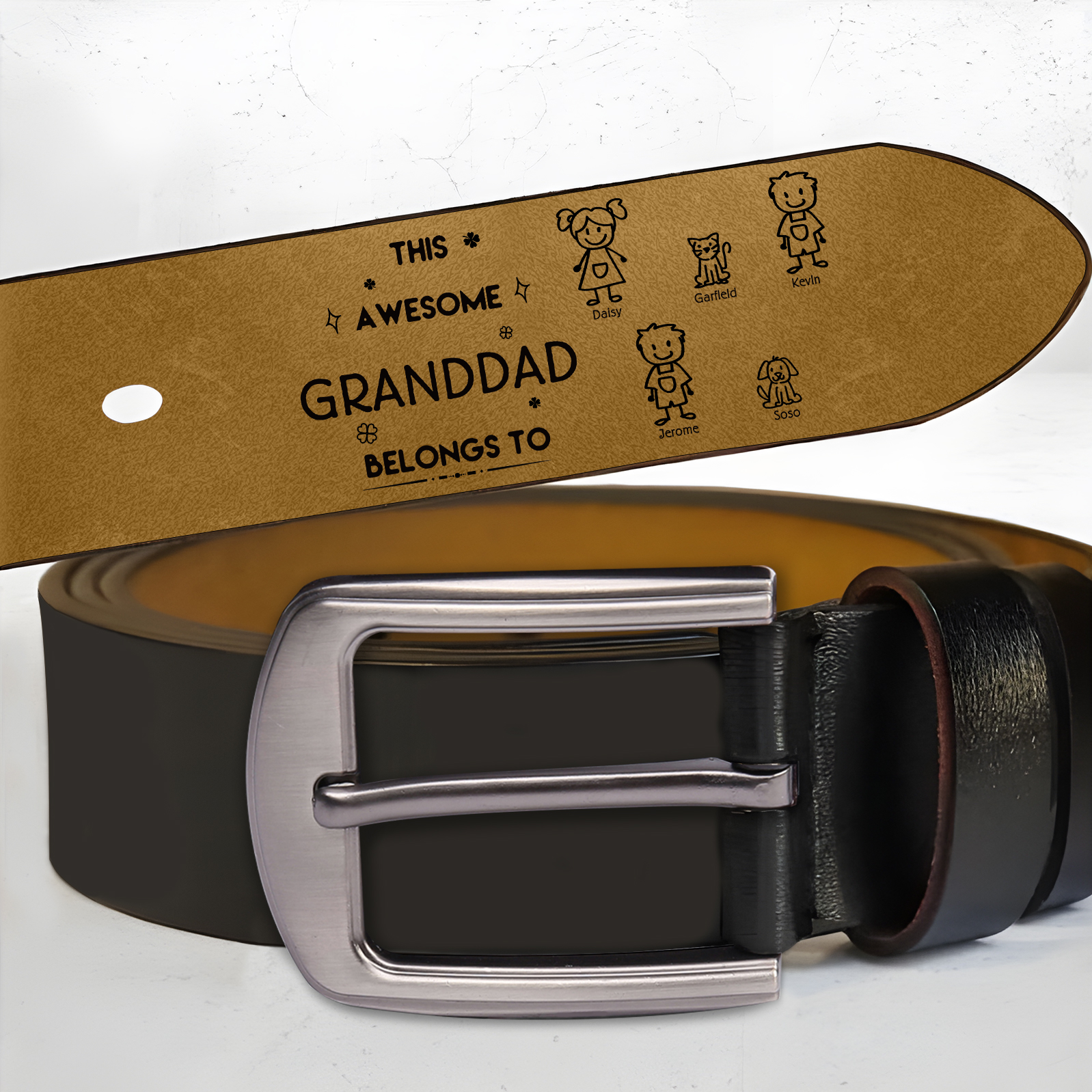 Personalized 5Names Leather Belt, Custom Adjustable Man Belt Gift for Dad/Granddad | Jessemade