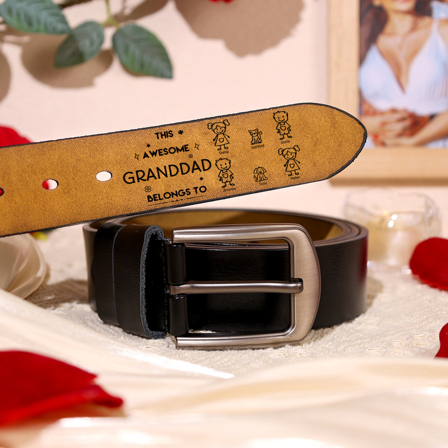Personalized 6Names Leather Belt, Custom Adjustable Man Belt Gift for Dad/Granddad | Jessemade