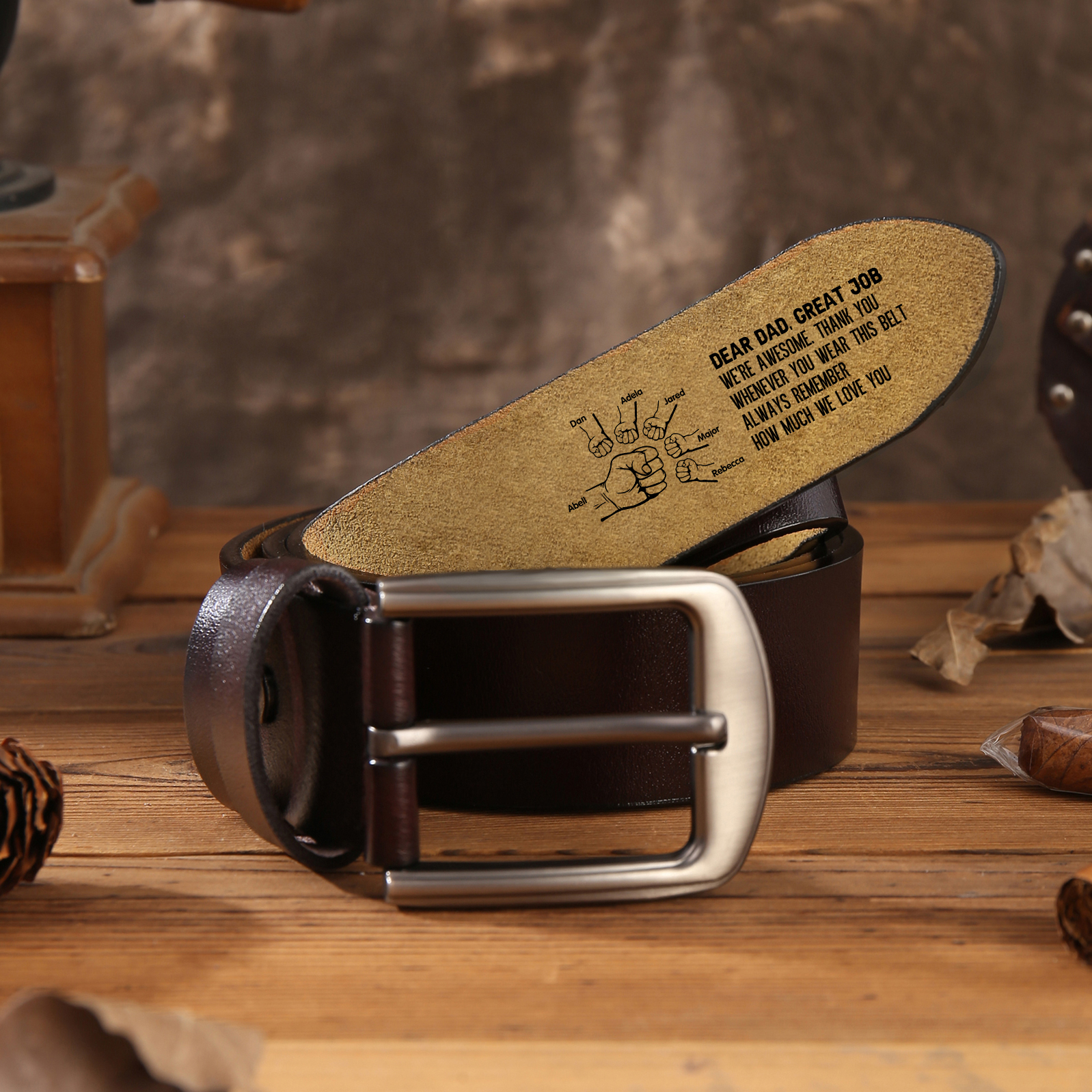 Personalized 7 Names & 1 Letter Leather Belt, Custom Adjustable Man Belt Gift for Dad/Granddad | Lorajewel