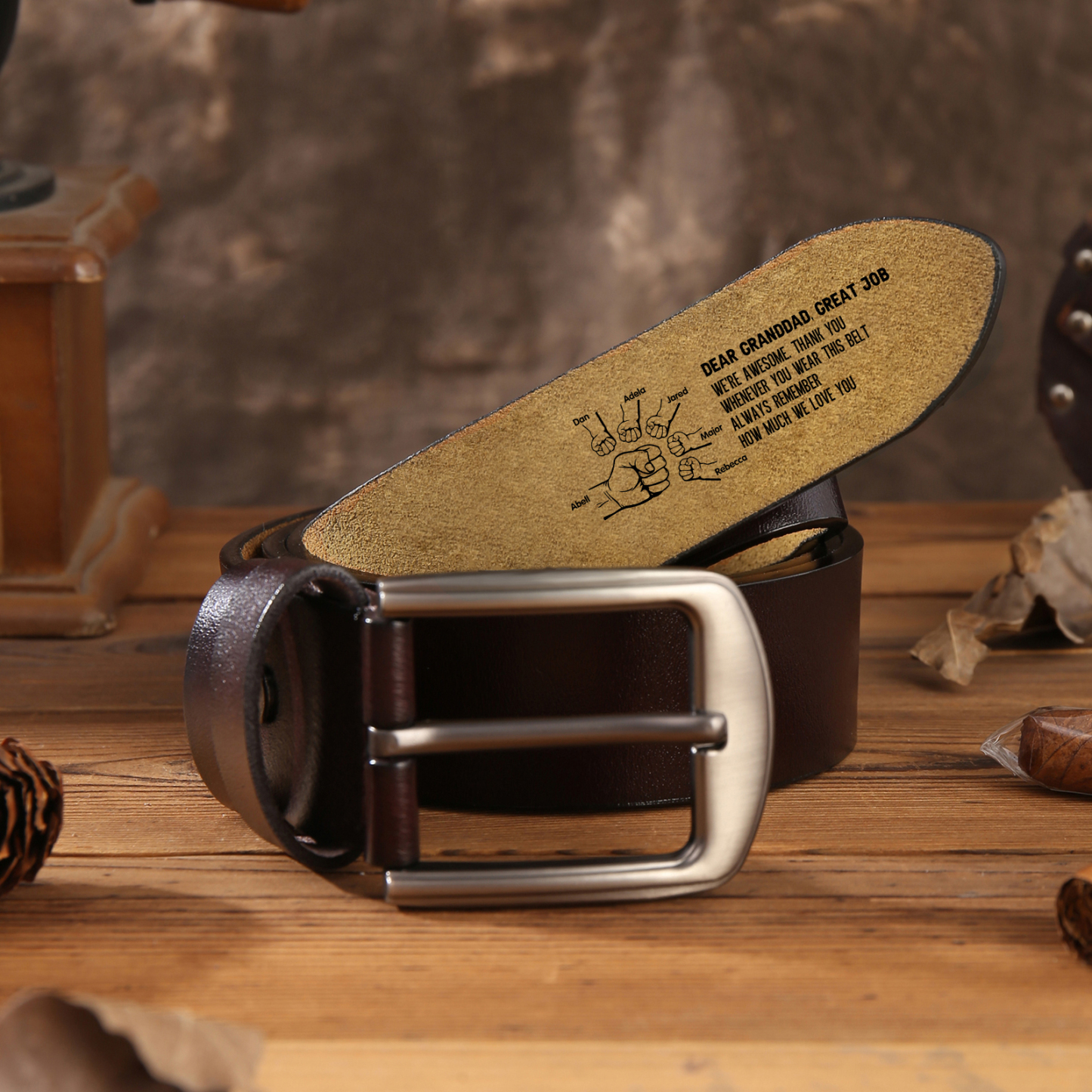 Personalized 7 Names & 1 Letter Leather Belt, Custom Adjustable Man Belt Gift for Dad/Granddad | Lorajewel