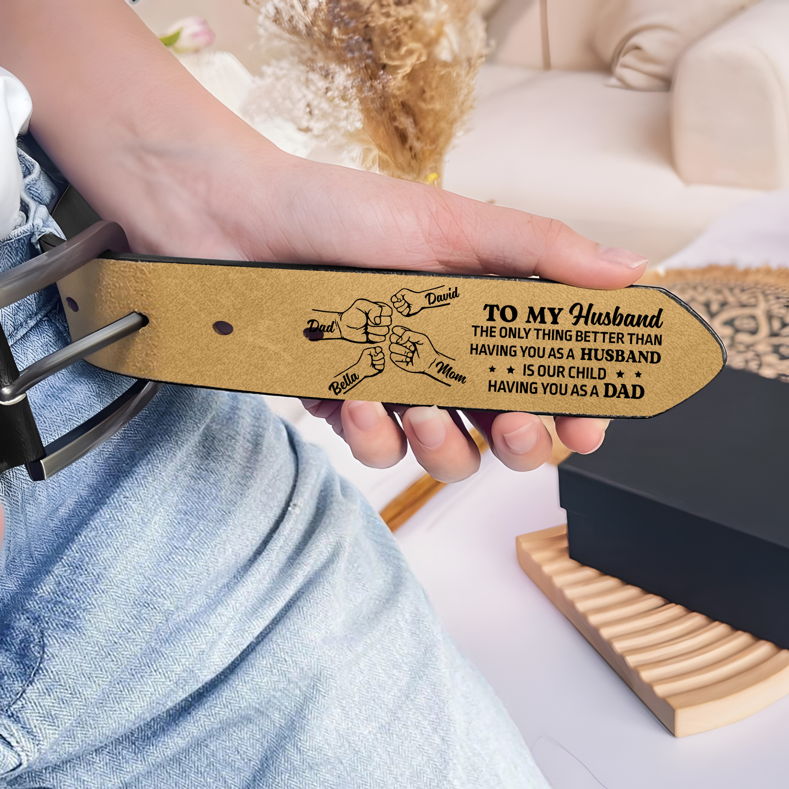 Fist Charm Personalized 4 Names Leather Adjustable Belt – A Thoughtful Gift  for Dad | Lorajewel