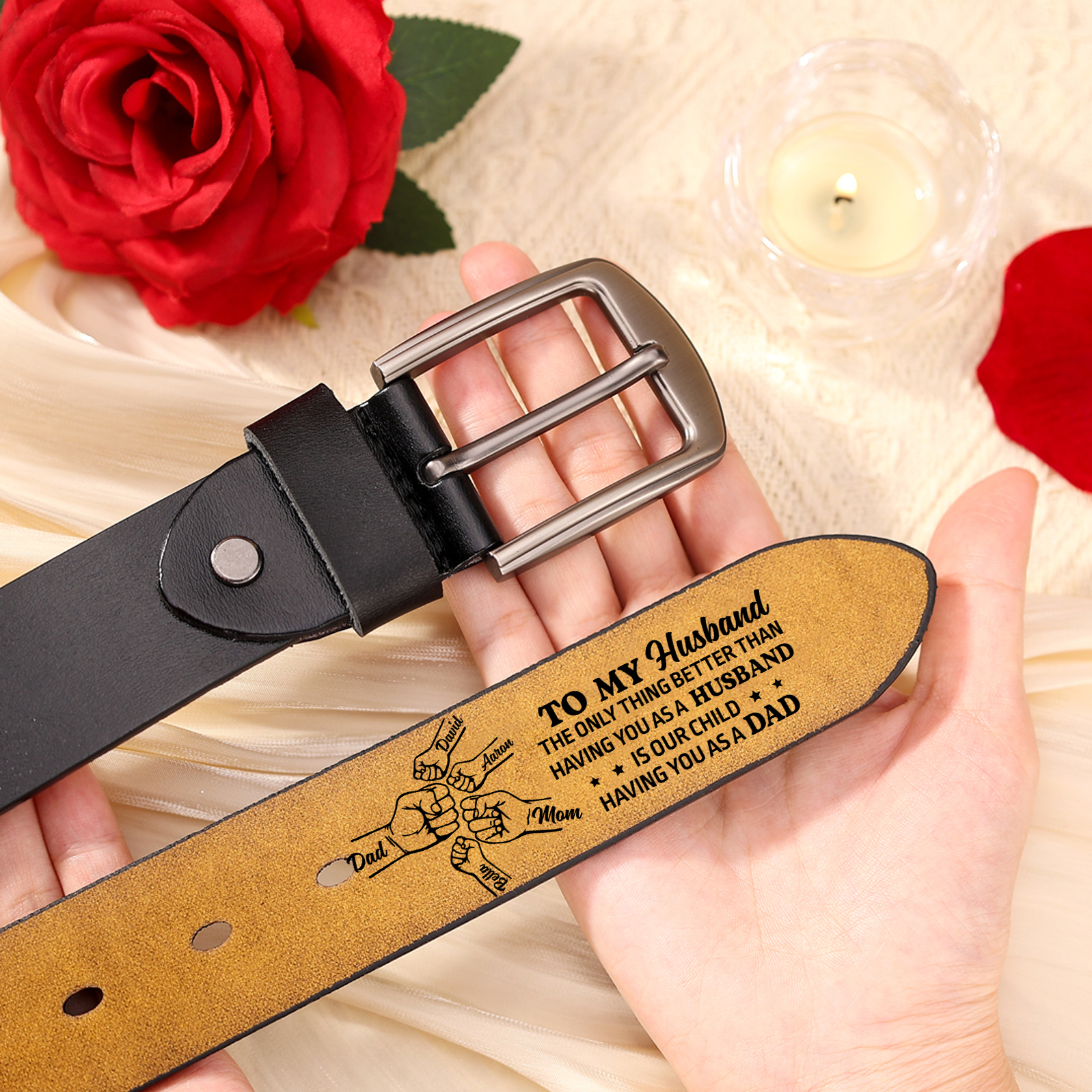 Fist Charm Personalized 5 Names Leather Adjustable Belt – A Thoughtful Gift for Dad | Lorajewel