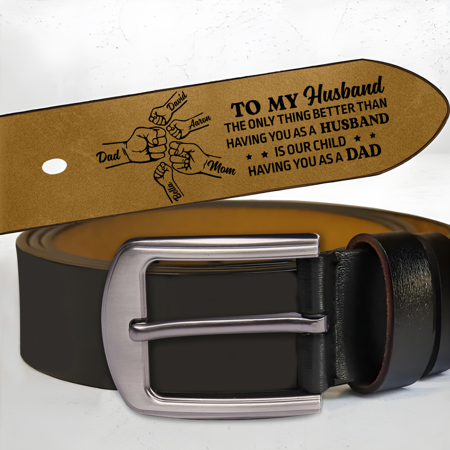 Fist Charm Personalized 5 Names Leather Adjustable Belt – A Thoughtful Gift for Dad | Lorajewel