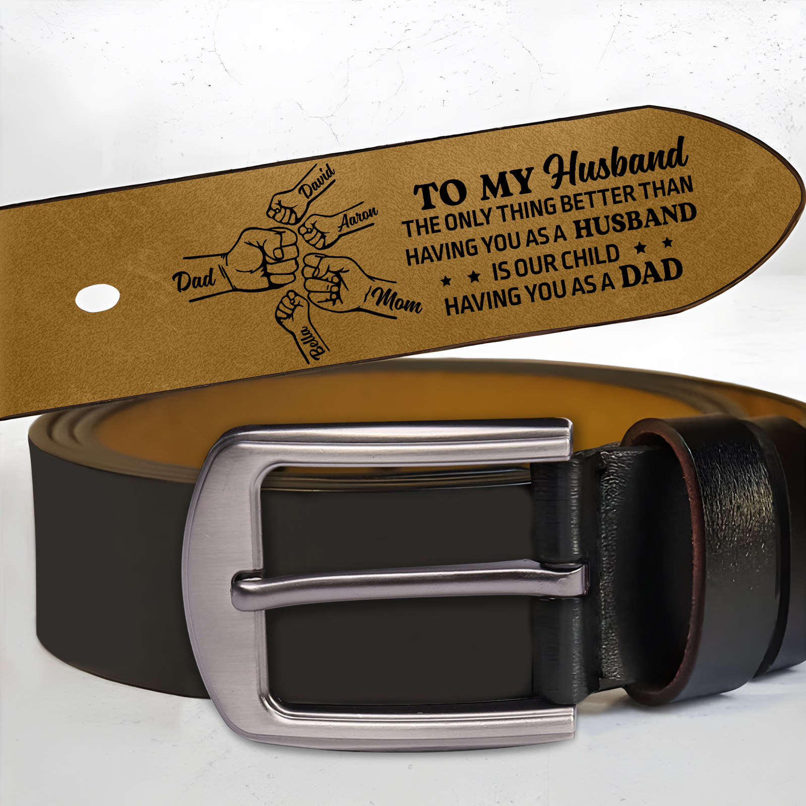 Fist Charm Personalized 5 Names Leather Adjustable Belt – A Thoughtful Gift for Dad | Lorajewel