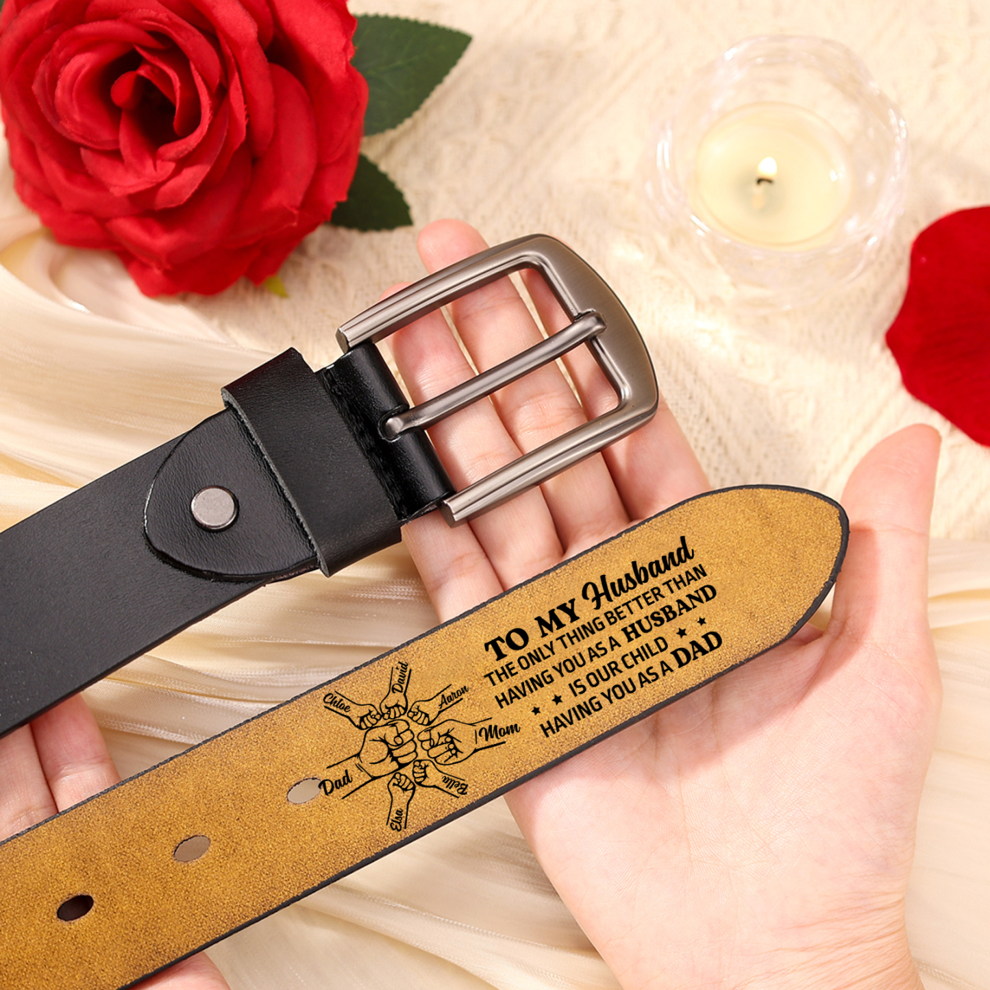 Fist Charm Personalized 7 Names Leather Adjustable Belt – A Thoughtful Gift for Dad | Lorajewel