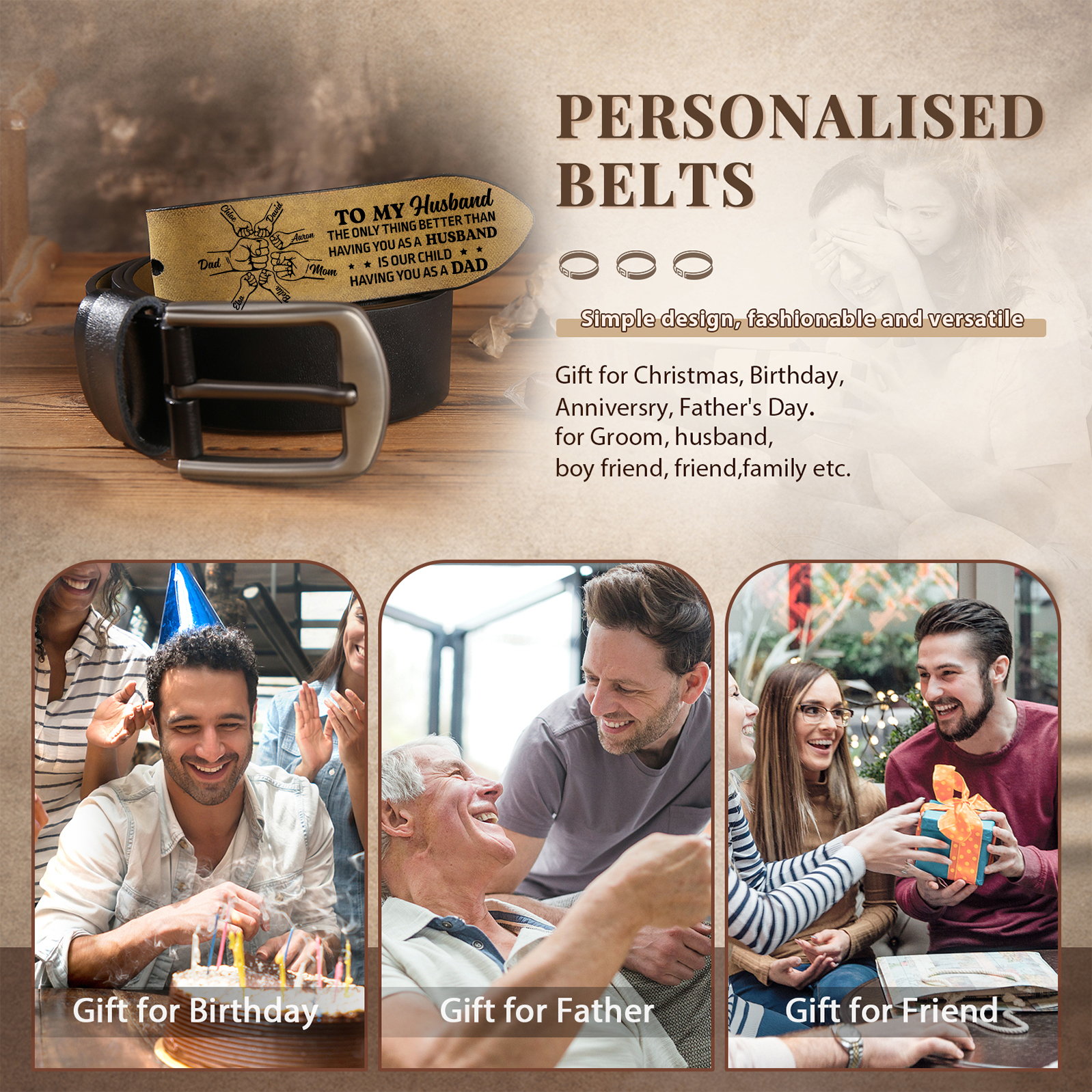 Fist Charm Personalized 7 Names Leather Adjustable Belt – A Thoughtful Gift for Dad | Lorajewel