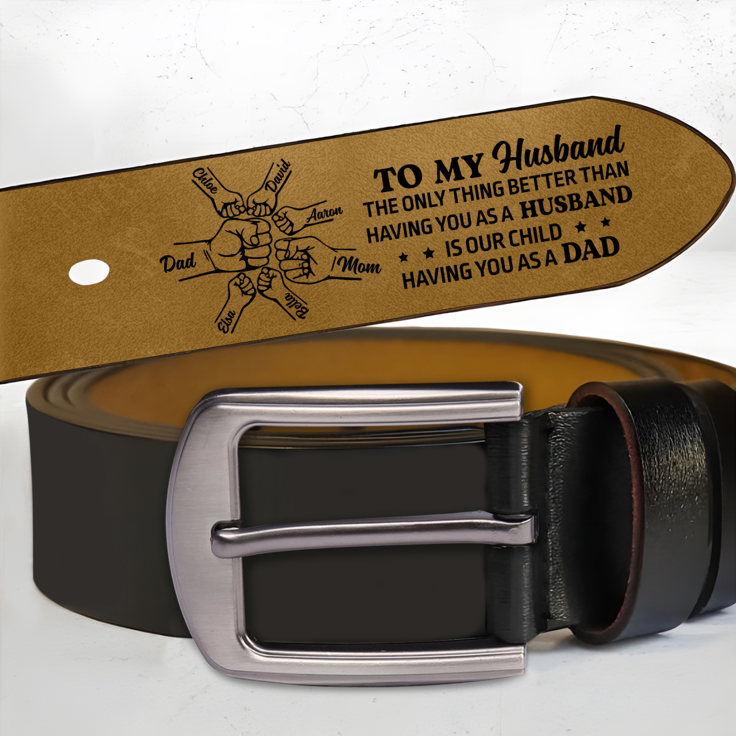 Fist Charm Personalized 7 Names Leather Adjustable Belt – A Thoughtful Gift for Dad | Lorajewel