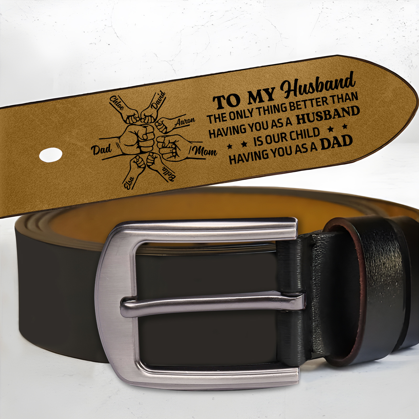 Fist Charm Personalized 7 Names Leather Adjustable Belt – A Thoughtful Gift for Dad | Lorajewel