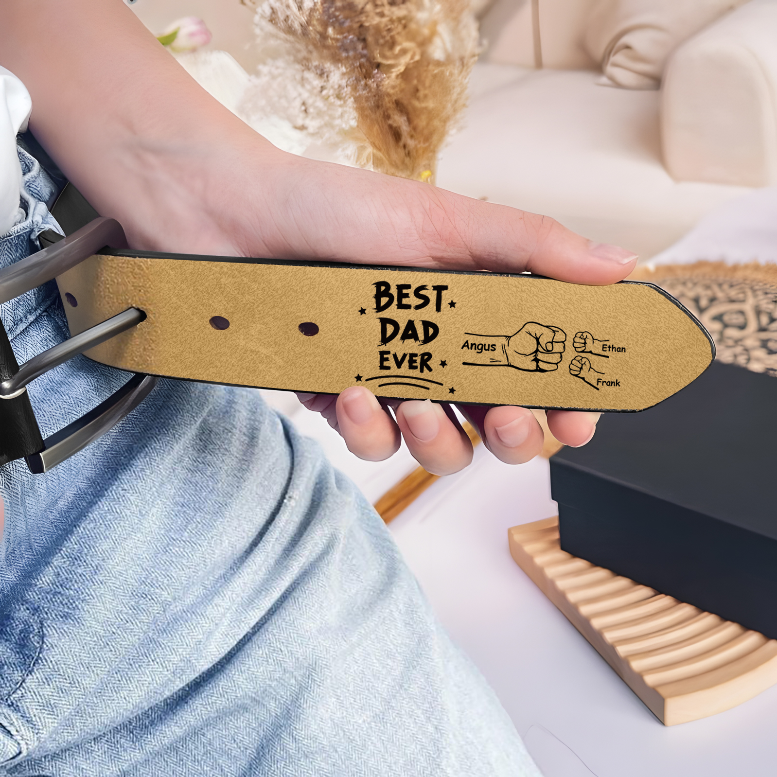 Personalized 3 Names Leather Belt, Custom Adjustable Man Belt Gift for Dad/Granddad | Jessemade