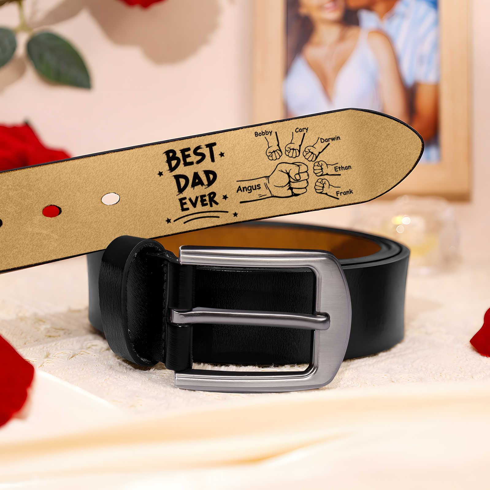 Personalized 6 Names Leather Belt, Custom Adjustable Man Belt Gift for Dad/Granddad | Jessemade