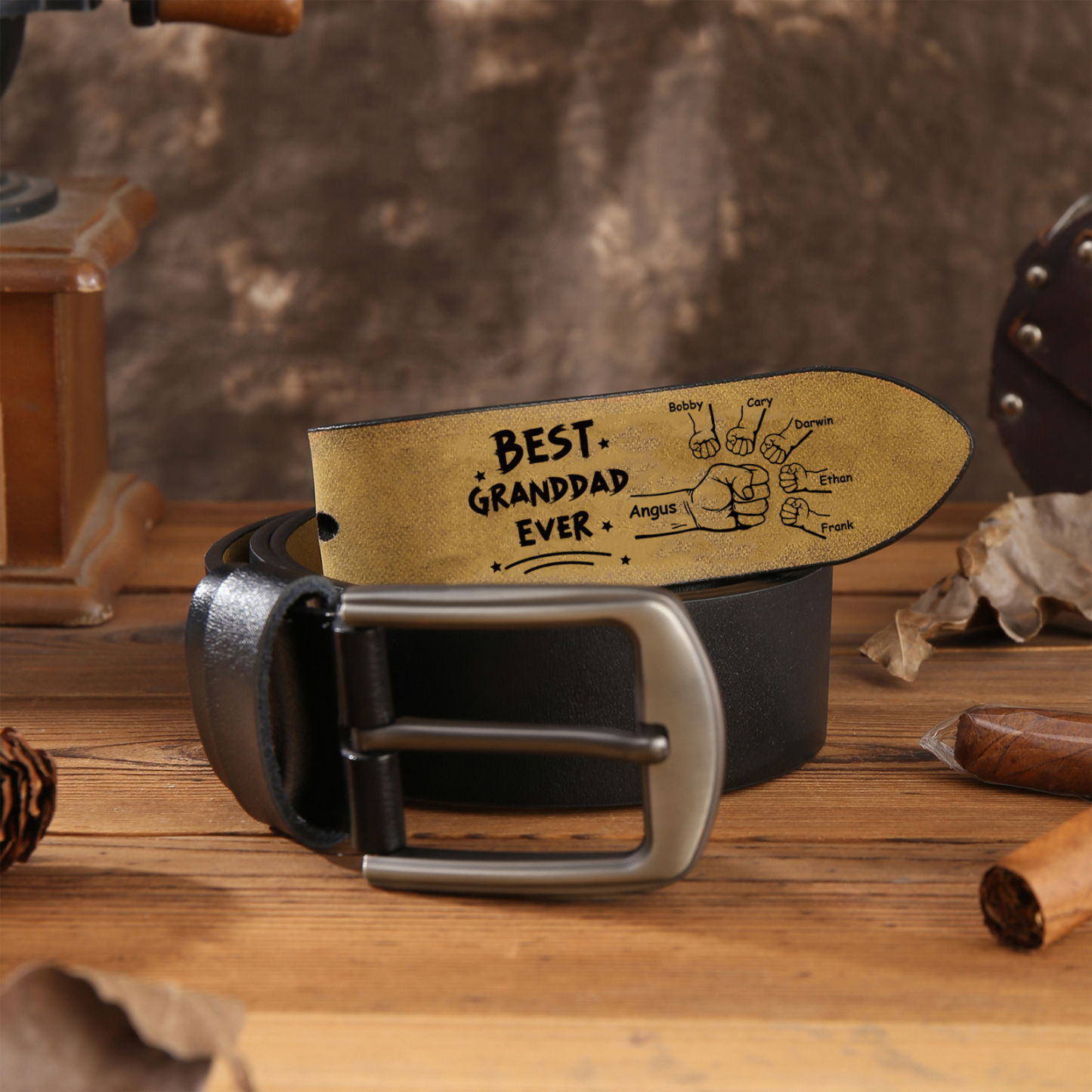 Personalized 6 Names Leather Belt, Custom Adjustable Man Belt Gift for Dad/Granddad | Jessemade