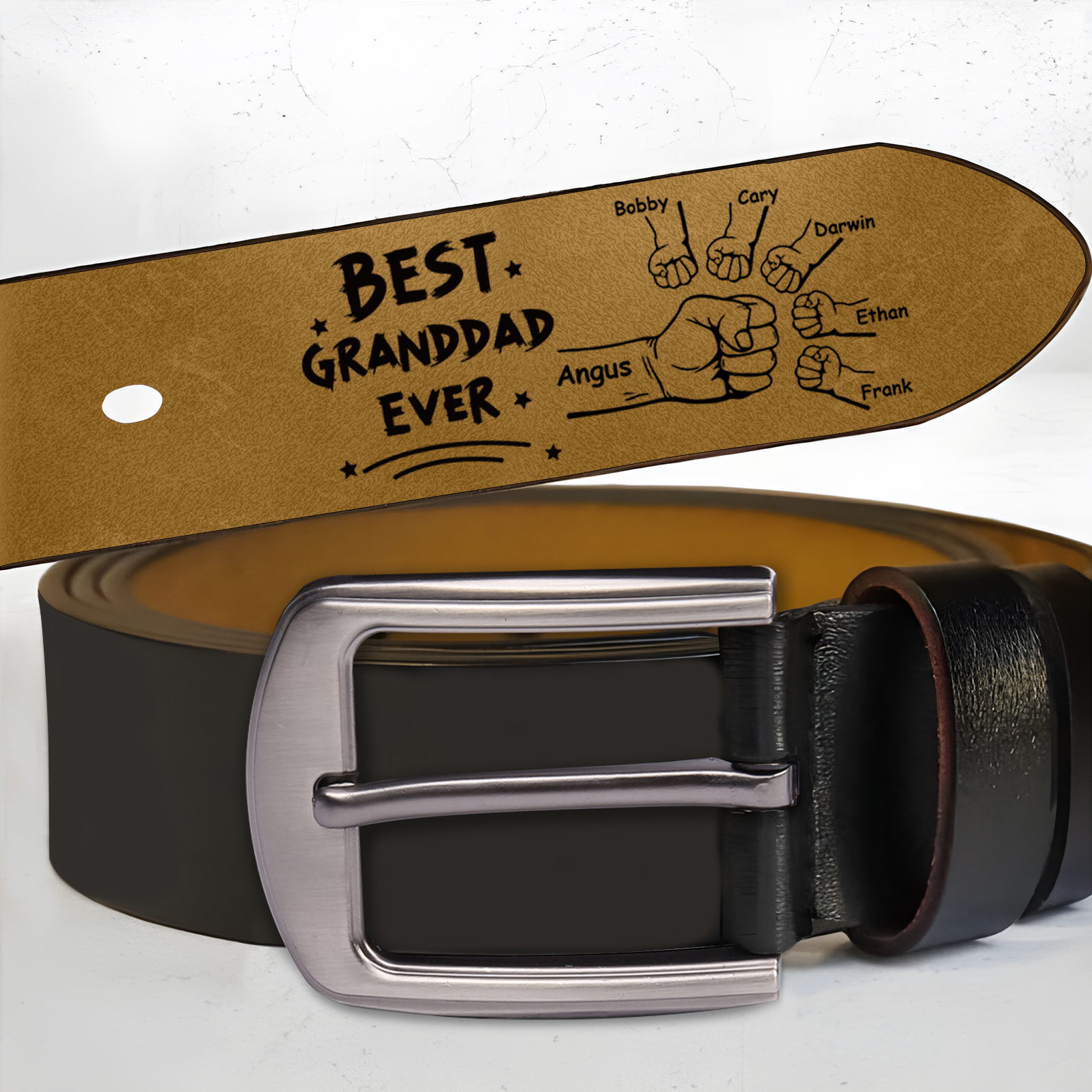 Personalized 6 Names Leather Belt, Custom Adjustable Man Belt Gift for Dad/Granddad | Jessemade