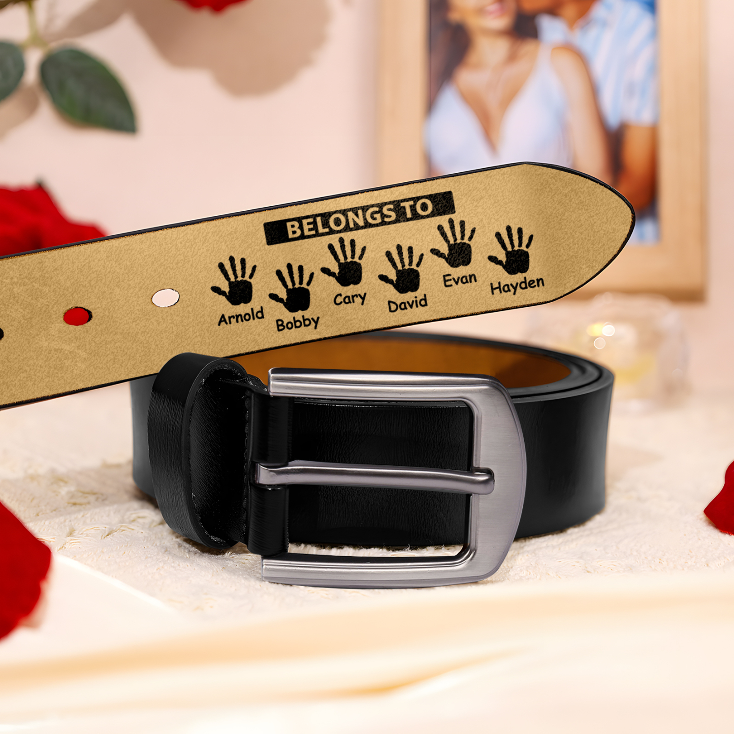 Personalized 6 Names&2 Texts Leather Belt, Custom Adjustable Man Belt