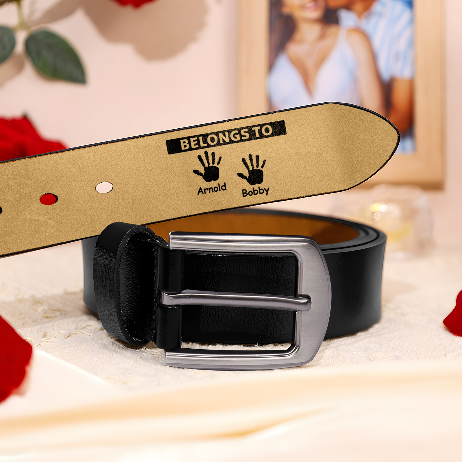 Personalized 2 Names&2 Texts Leather Belt, Custom Adjustable Man Belt